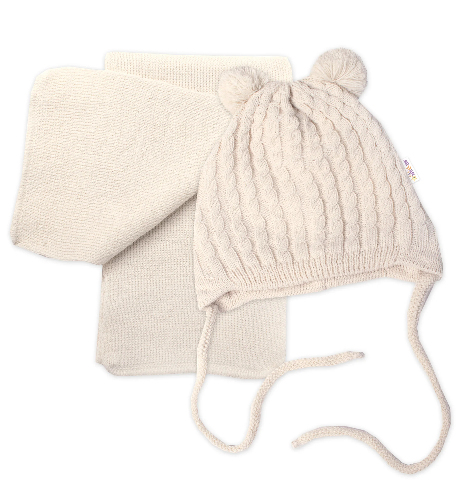 Baby Nellys Zimní čepice na zavazování s bambulky + šál, béžová vel.  62/68