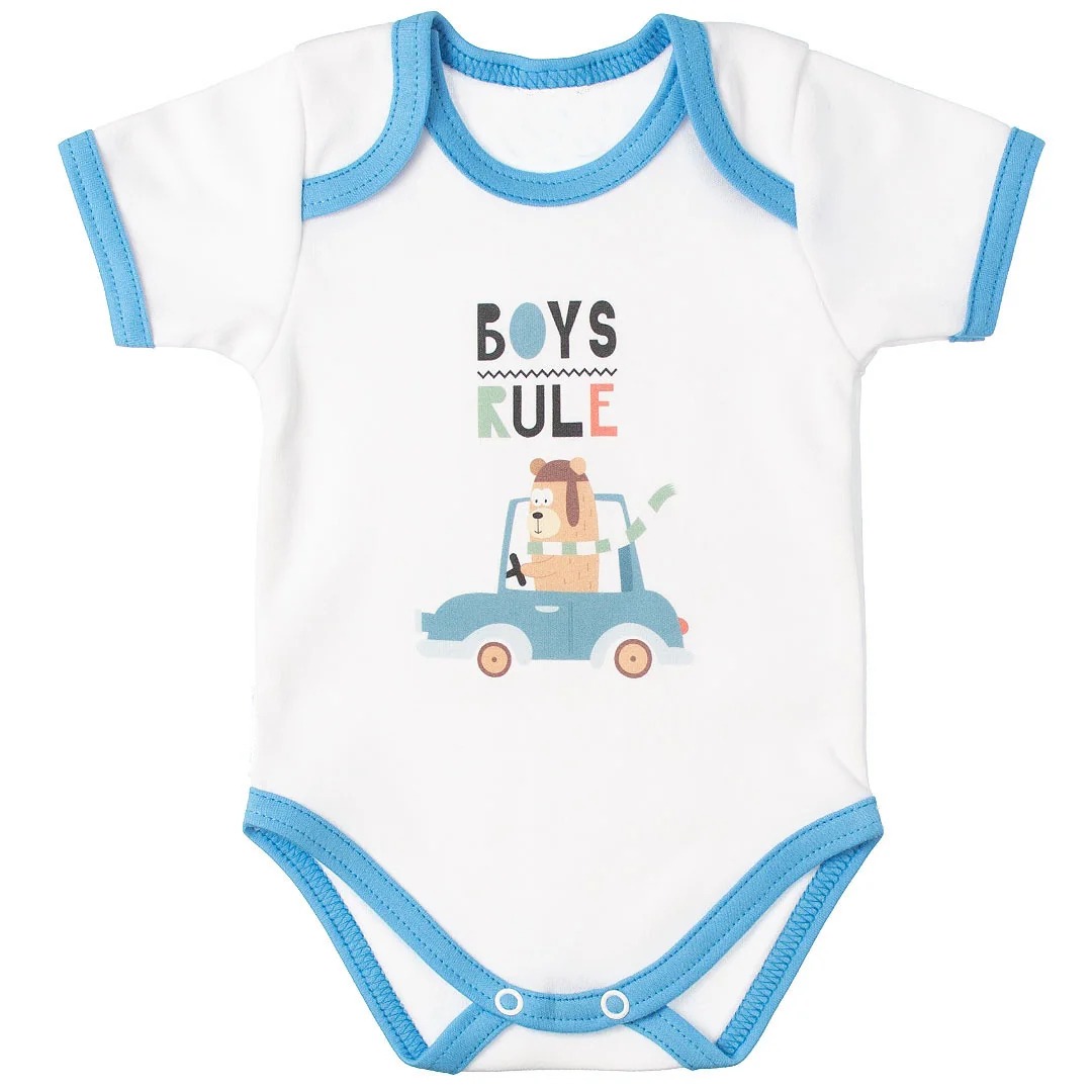 MBaby Bavlněné body s krátkým rukávem, Méďa Boys Rule, bílo/modré, vel. 80