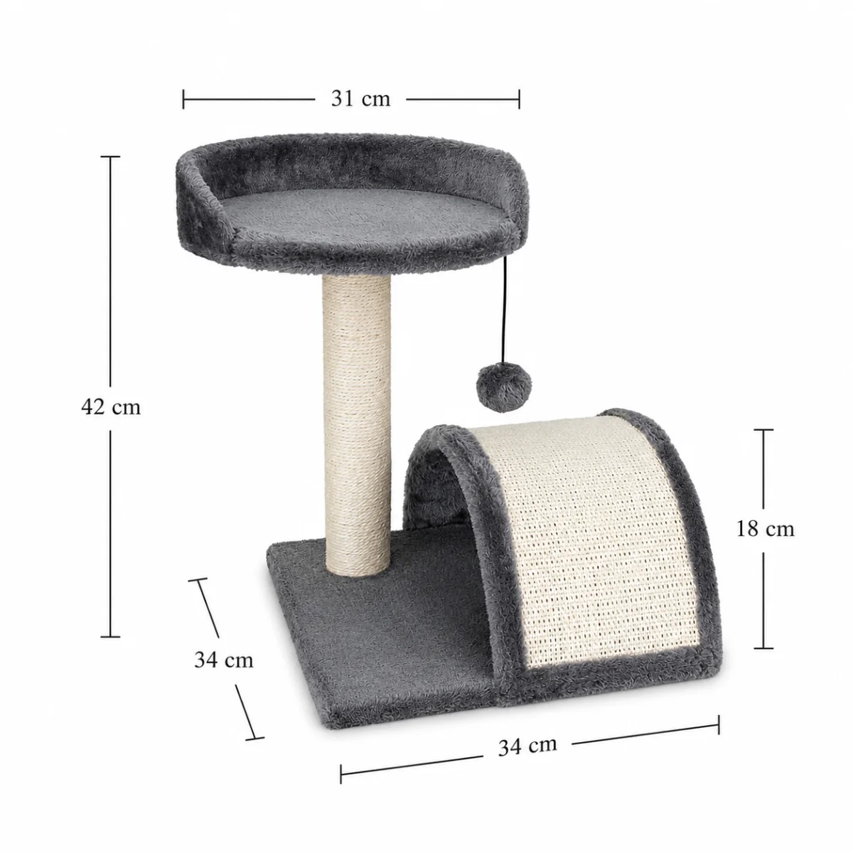 NELLYS Škrabadlo pro kočky s úkrytem a míčkem na šňůrce 42 cm – MDF, sisal, tmavě šedá