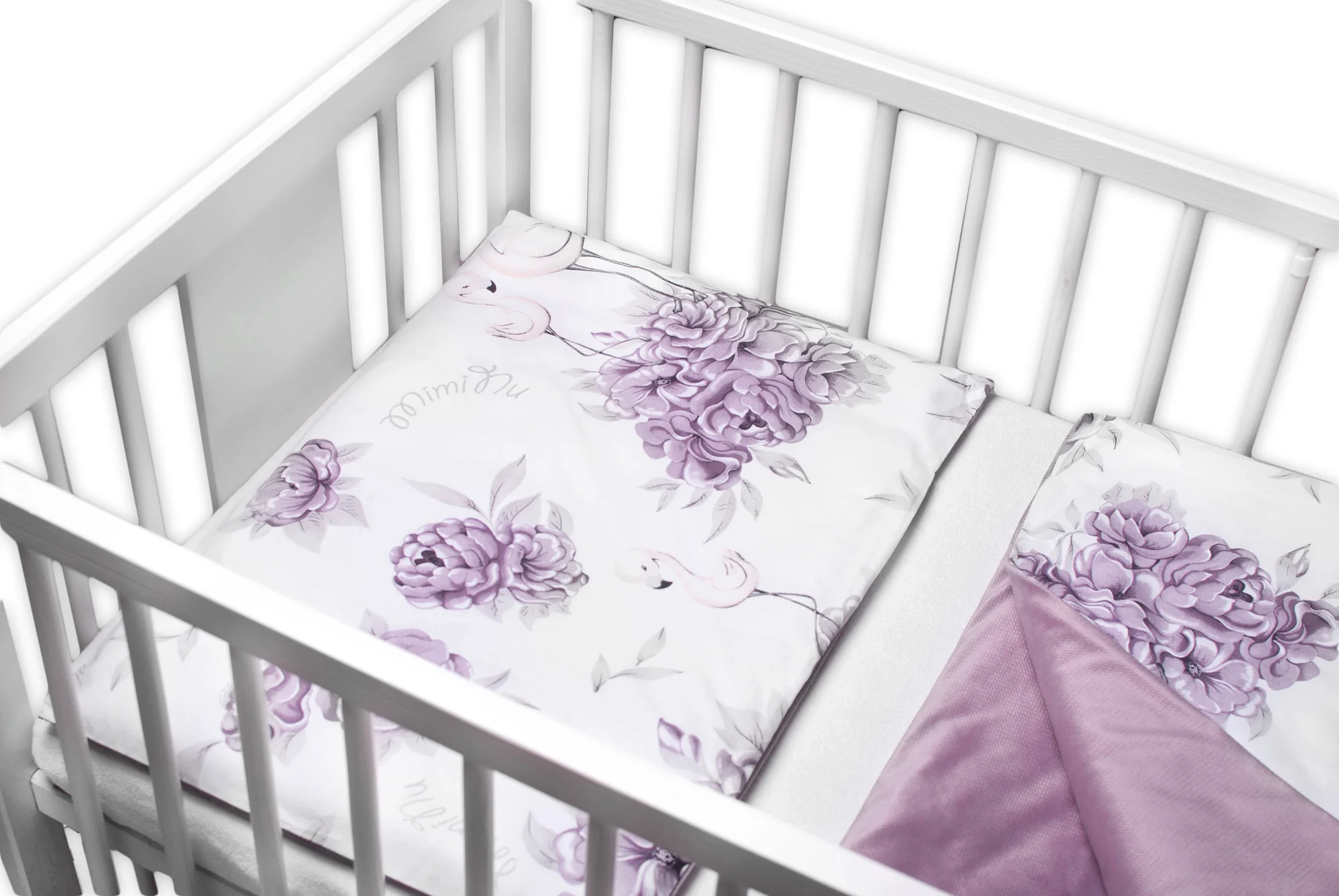 Baby Nellys 3-dílná sada Mantinel s povlečením, bavlna/velvet, Plameňák,švestkový,135x100