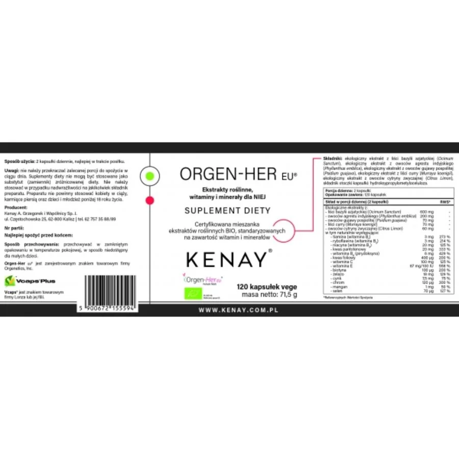 Kenay Orgen Her extrakty rostlinné vitaminy a minerály pro ni BIO 120 kapslí