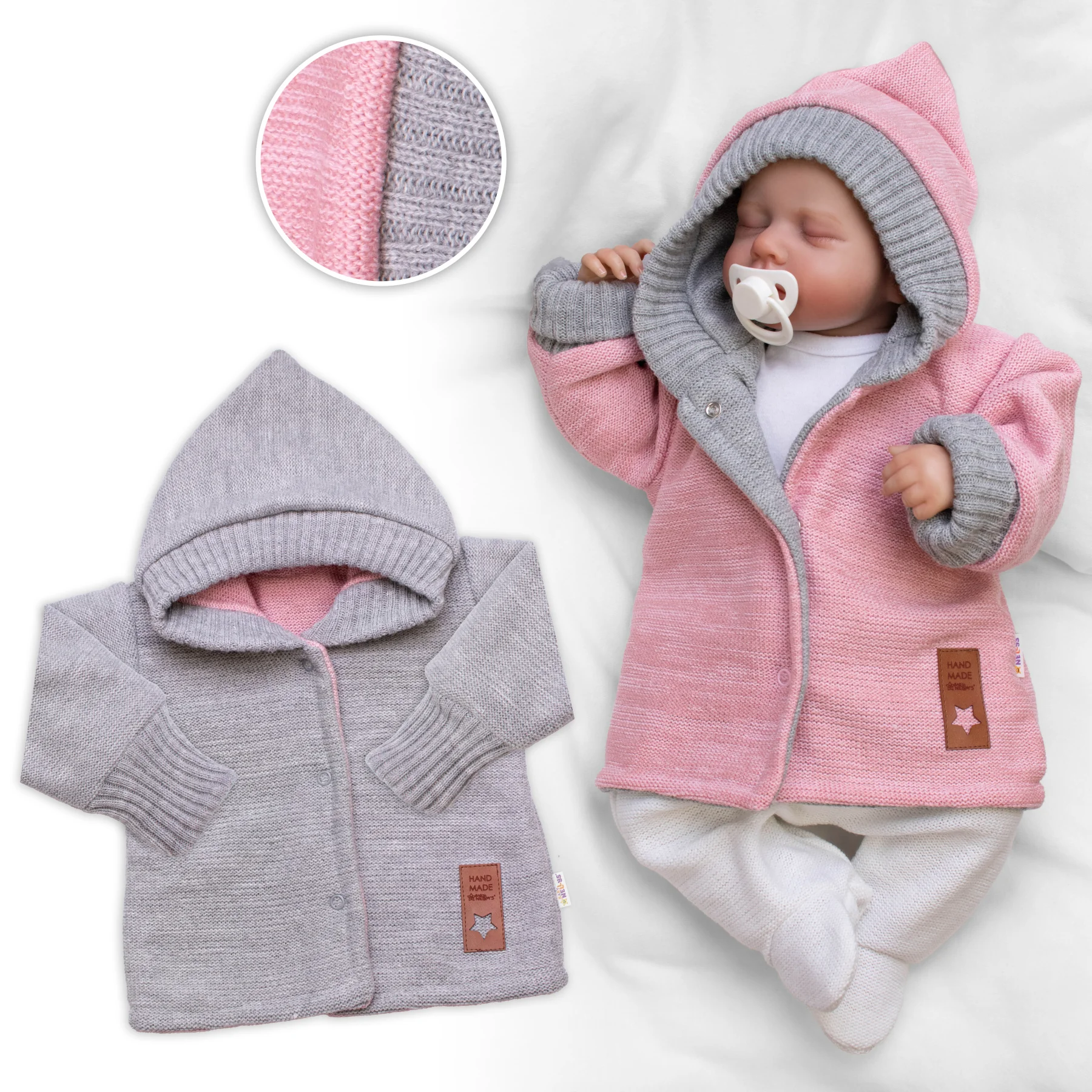 Baby Nellys Rostoucí oboustranný svetřík s kapucí Hand Made, růžová-šedá