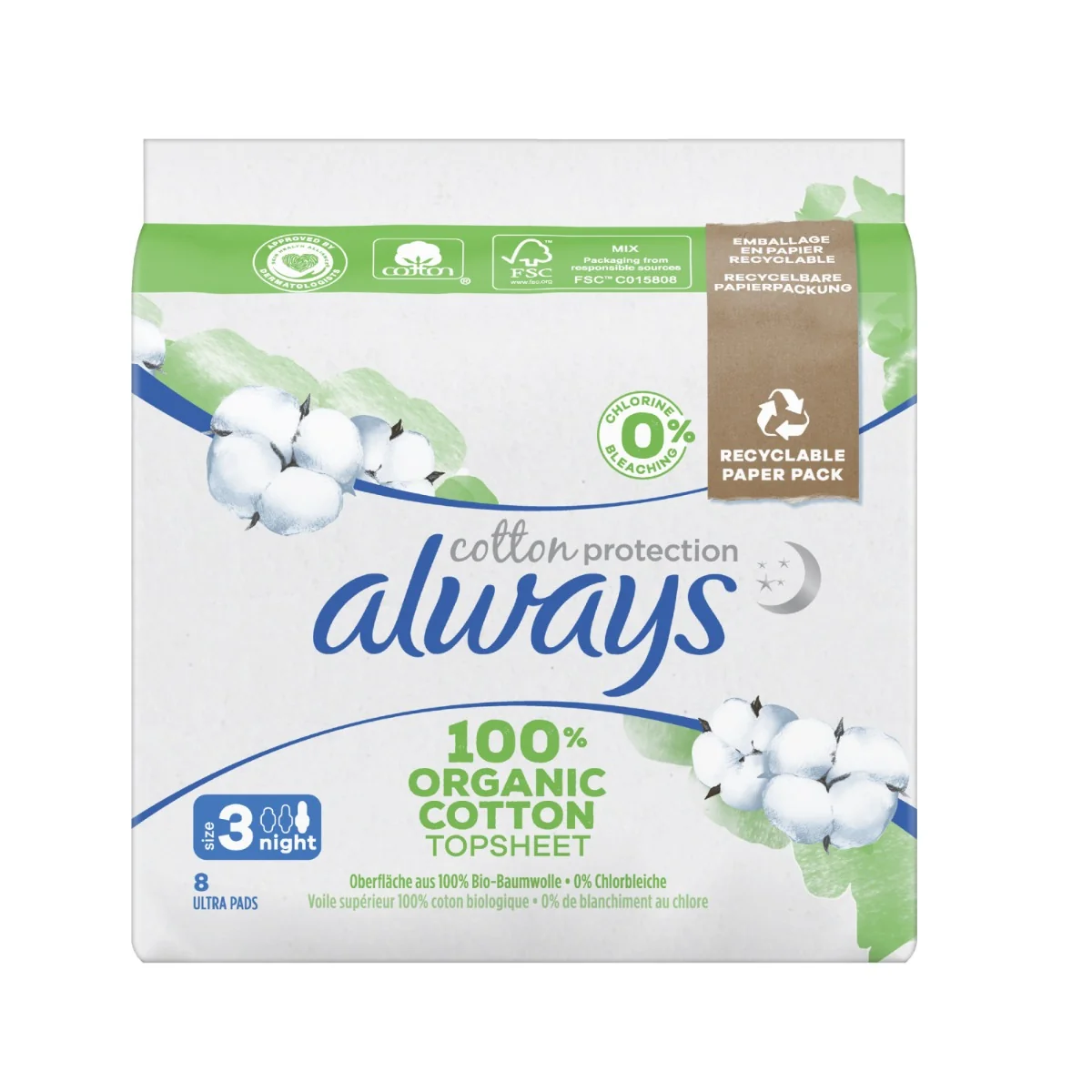 Always Ultra Organic Cotton Night vložky 8 ks