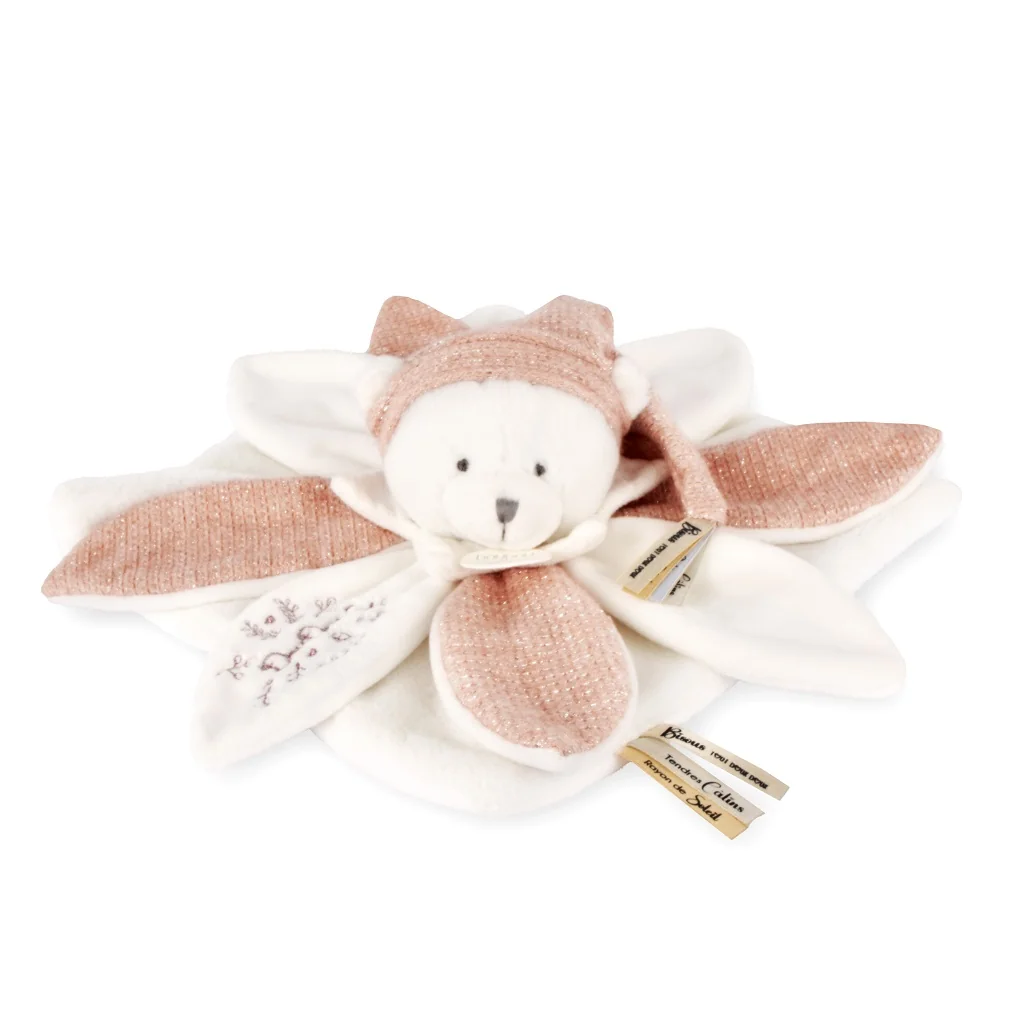 Doudou et Compagnie Paris Dárková sada Plyšový muchláček medvídek s čepičkou 25 cm růžový