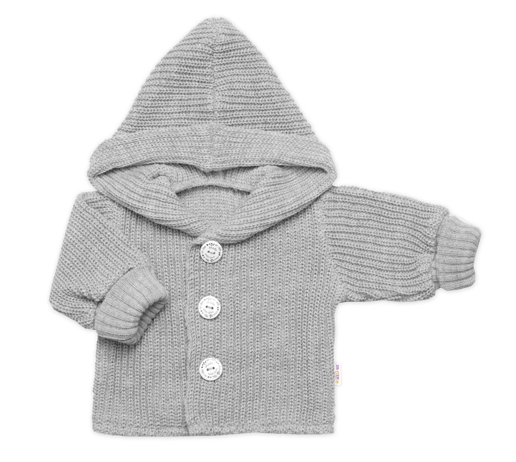 Baby Nellys Pletený svetřík s kapucí a knoflíčky Made with Love, šedý