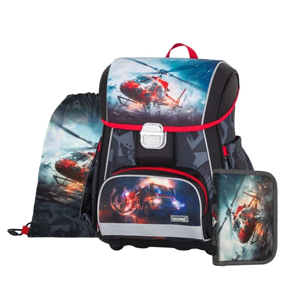 Oxybag PREMIUM - školní set Hasiči 3 ks: aktovka, penál, sáček aktovka, penál, sáček