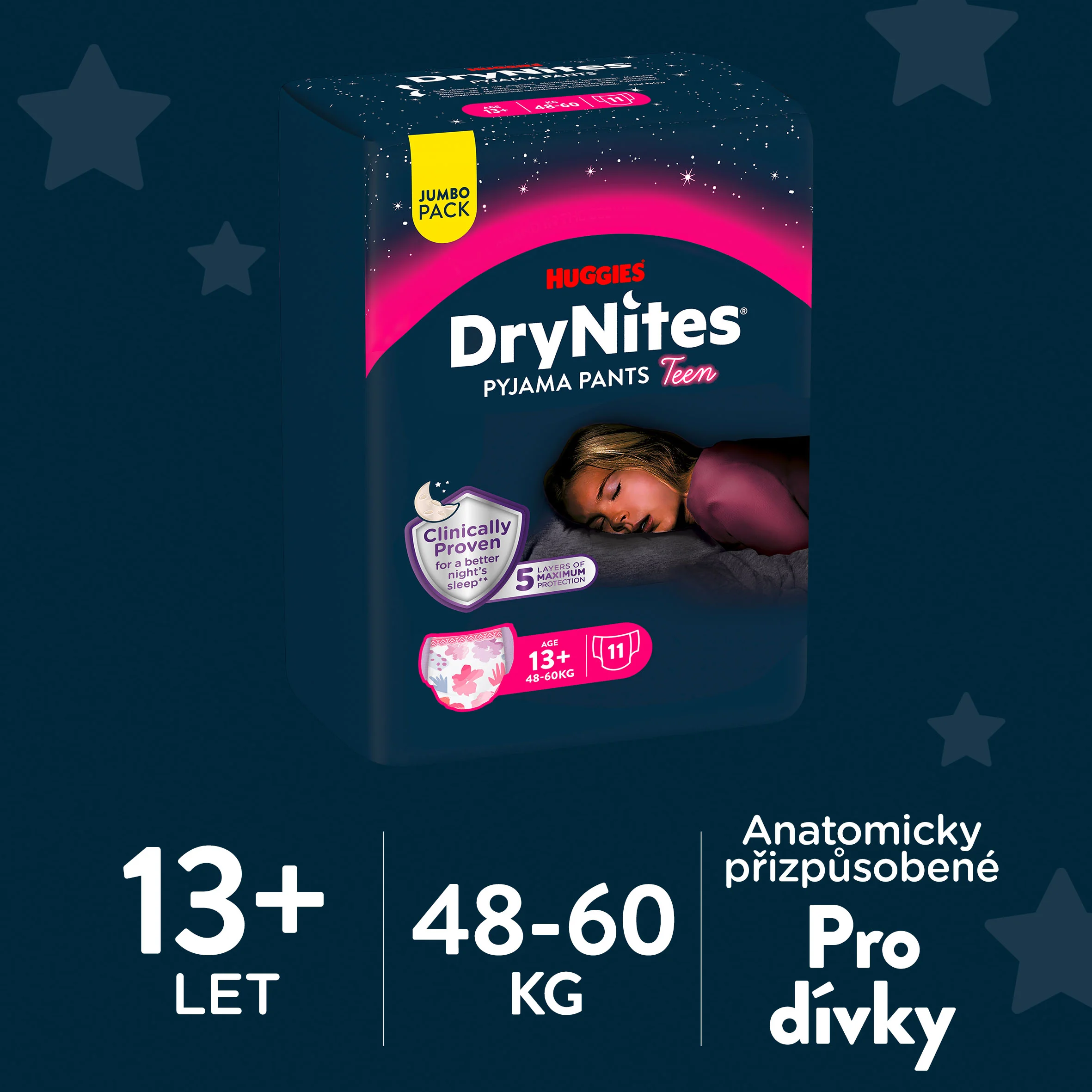 HUGGIES DryNites Natahovací kalhotky pro dívky 13+ let 48–60 kg JUMBO 3x11 ks