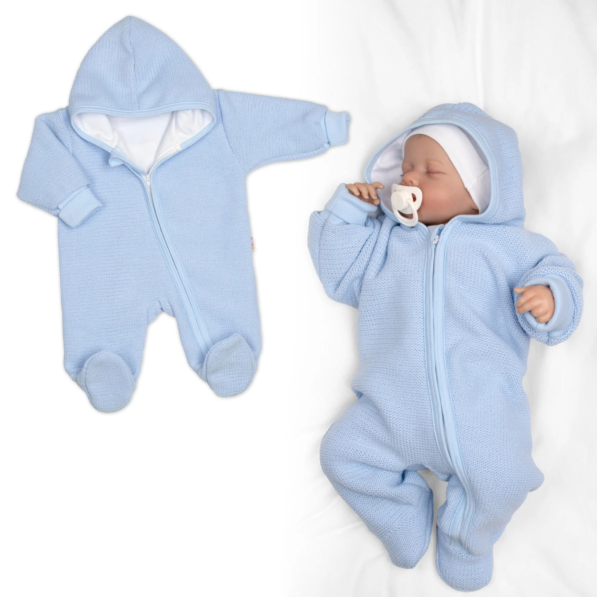 Baby Nellys Pletený overal s kapucí, CUTE - sv. modrý, vel. 62