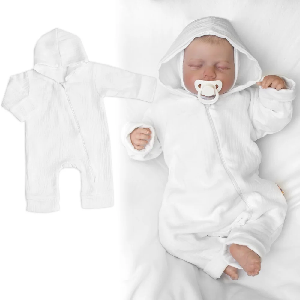 Baby Nellys Mušelinový overálek s kapucí, dvouvrstvý, Hand Made, bílý vel. 62