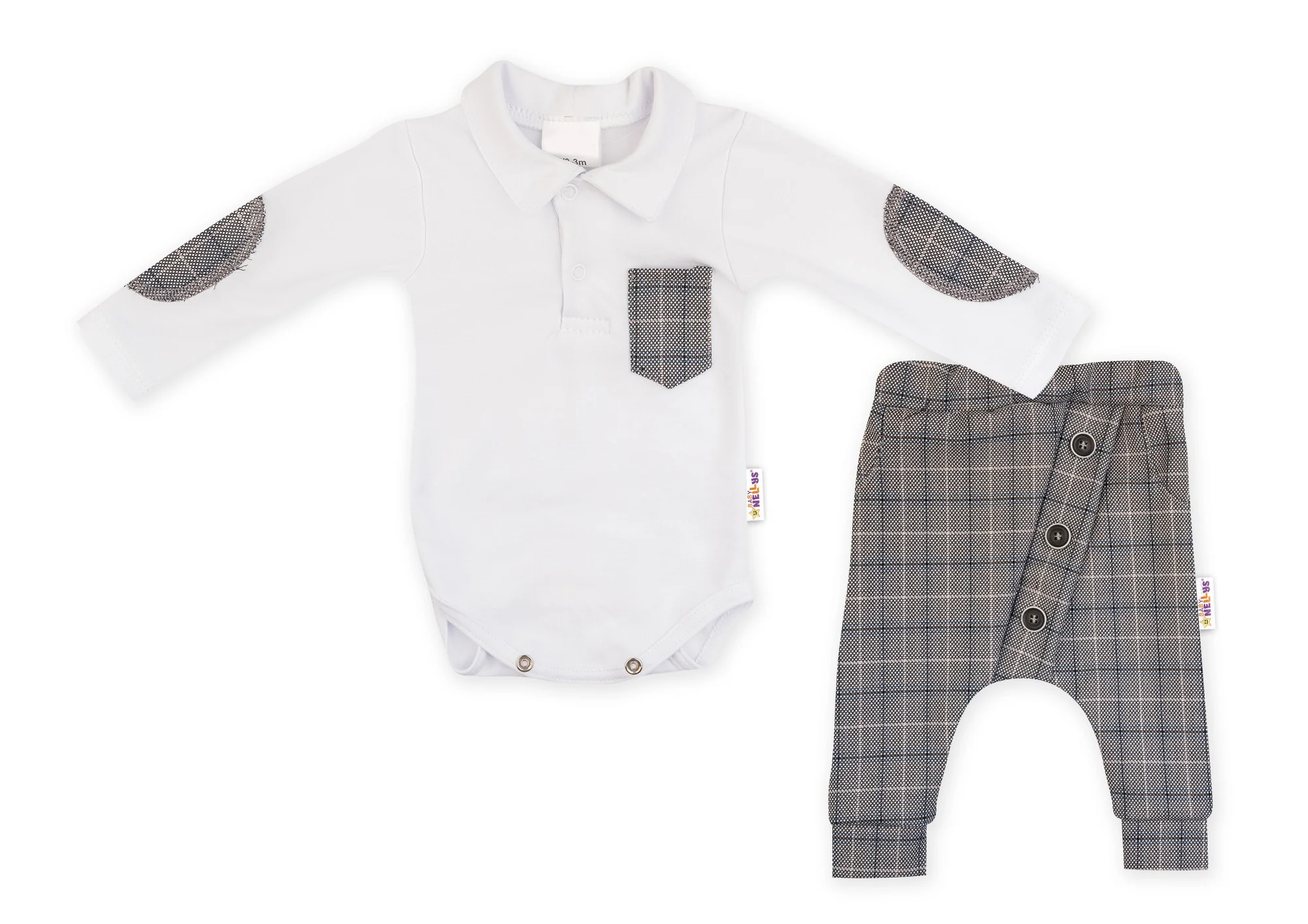 Baby Nellys 2-dílná sada Robert, body s límečkem, kalhoty Baggy - šedé kárko, vel. 80 vel. 80