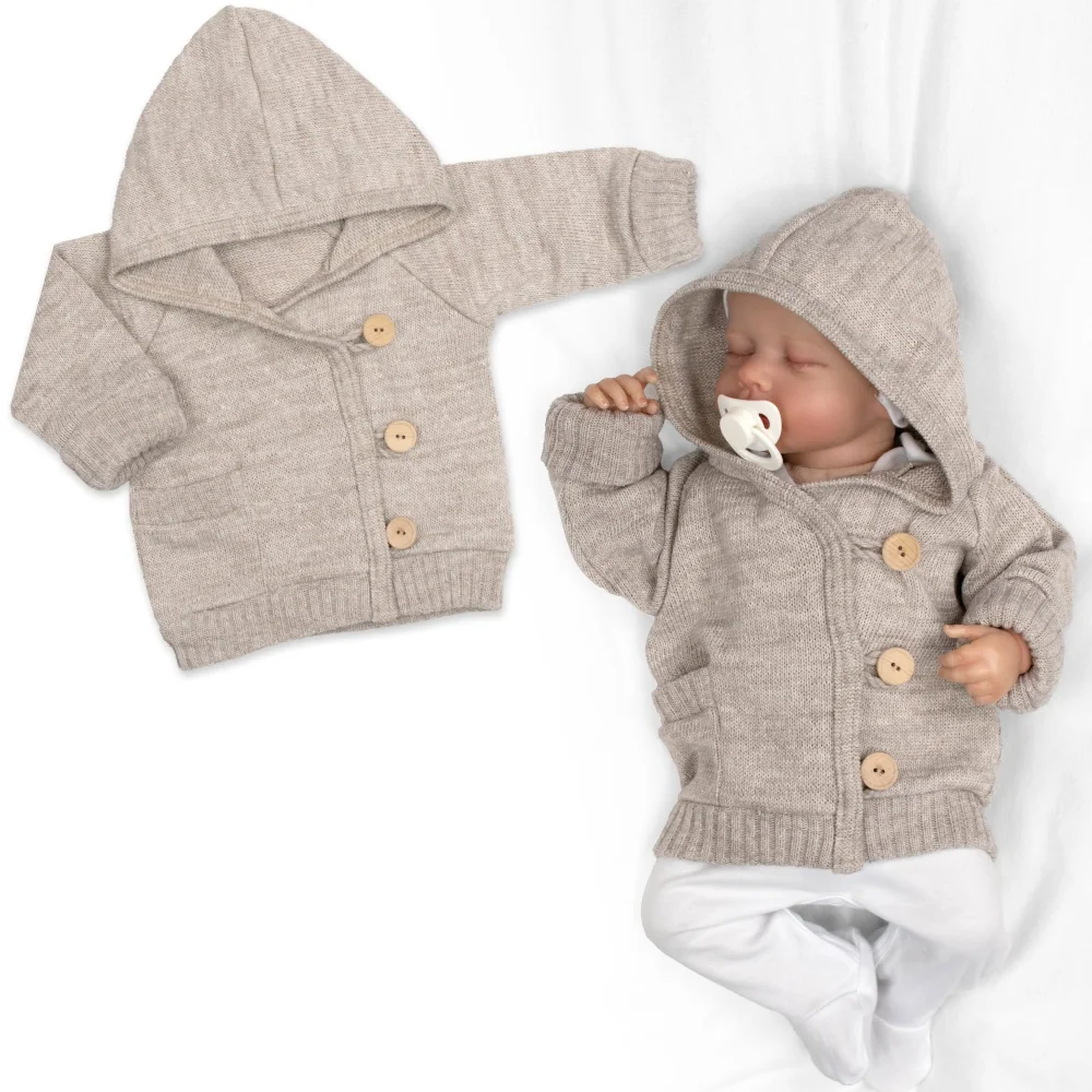 Baby Nellys Rostoucí pletený svetřík s kapucí, zapínání knoflíčky - béžový, vel. 68/74