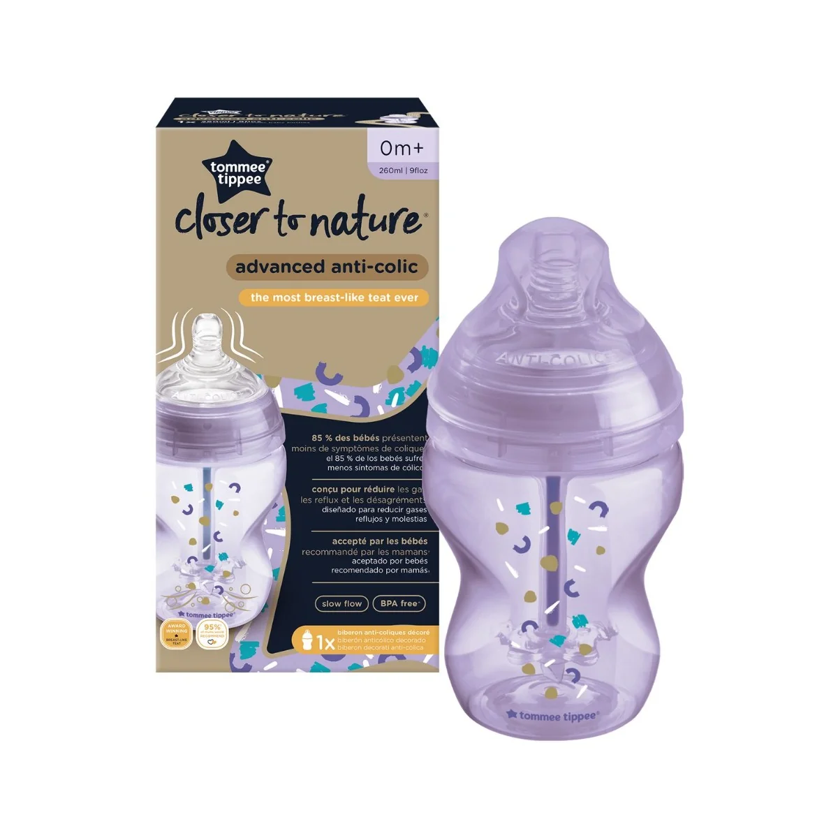 Tommee Tippee Kojenecká lahev ADVANCED ANTI-COLIC Pomalý průtok 0m+ 260 ml 1 ks fialová