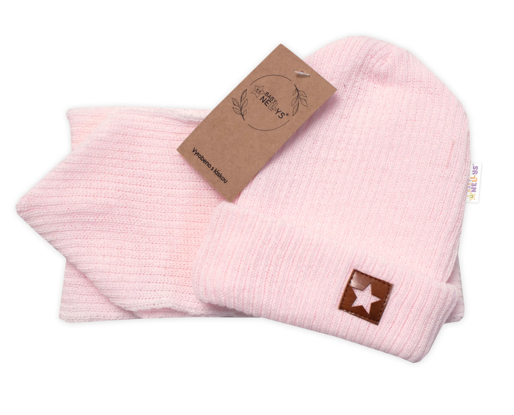 Baby Nellys Pletená čepice,šála a rukavičky 3v1, STAR, růžová, 68/74
