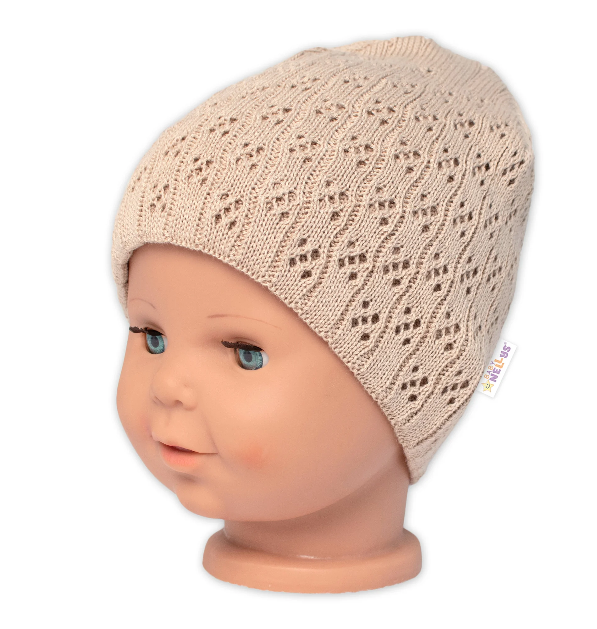 Baby Nellys Ažurková čepice, dvouvrstvá, bavlna, cappuccino, vel. 104/110