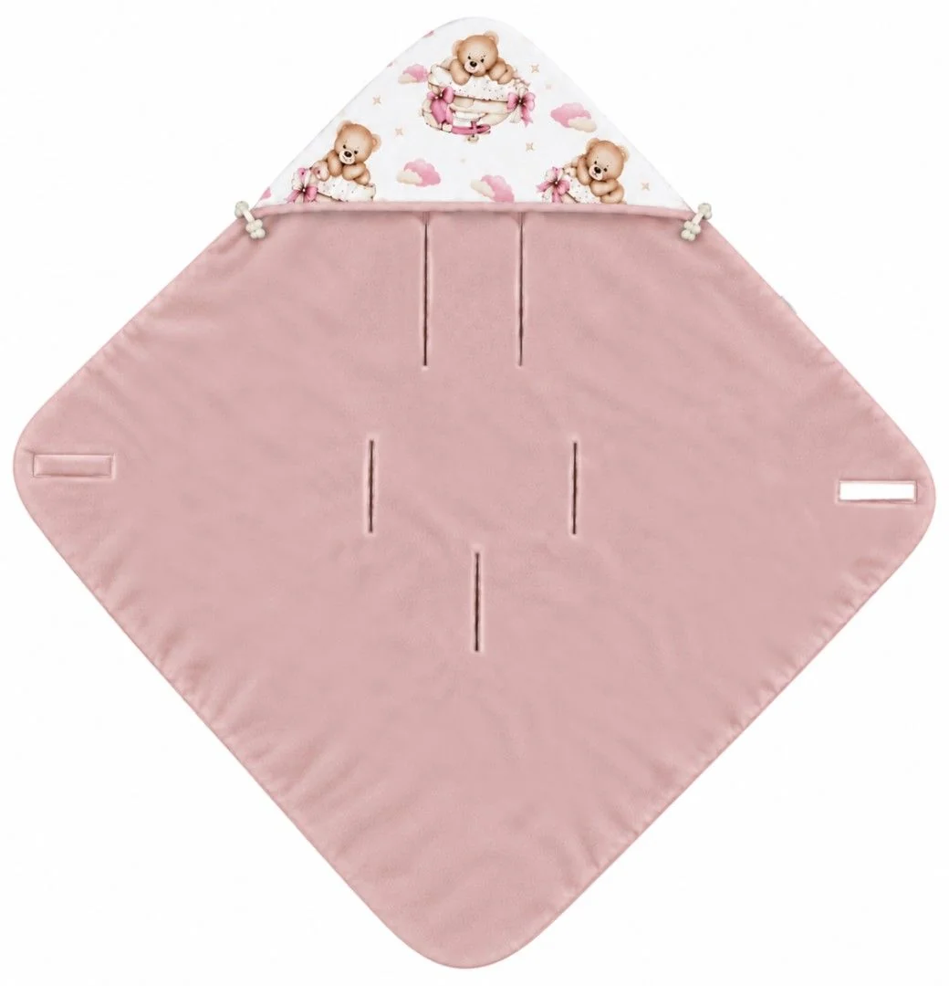 Baby Nellys Oteplená zavinovací deka s kapucí, minky, 90 x 90 cm - Medvídci, růžová