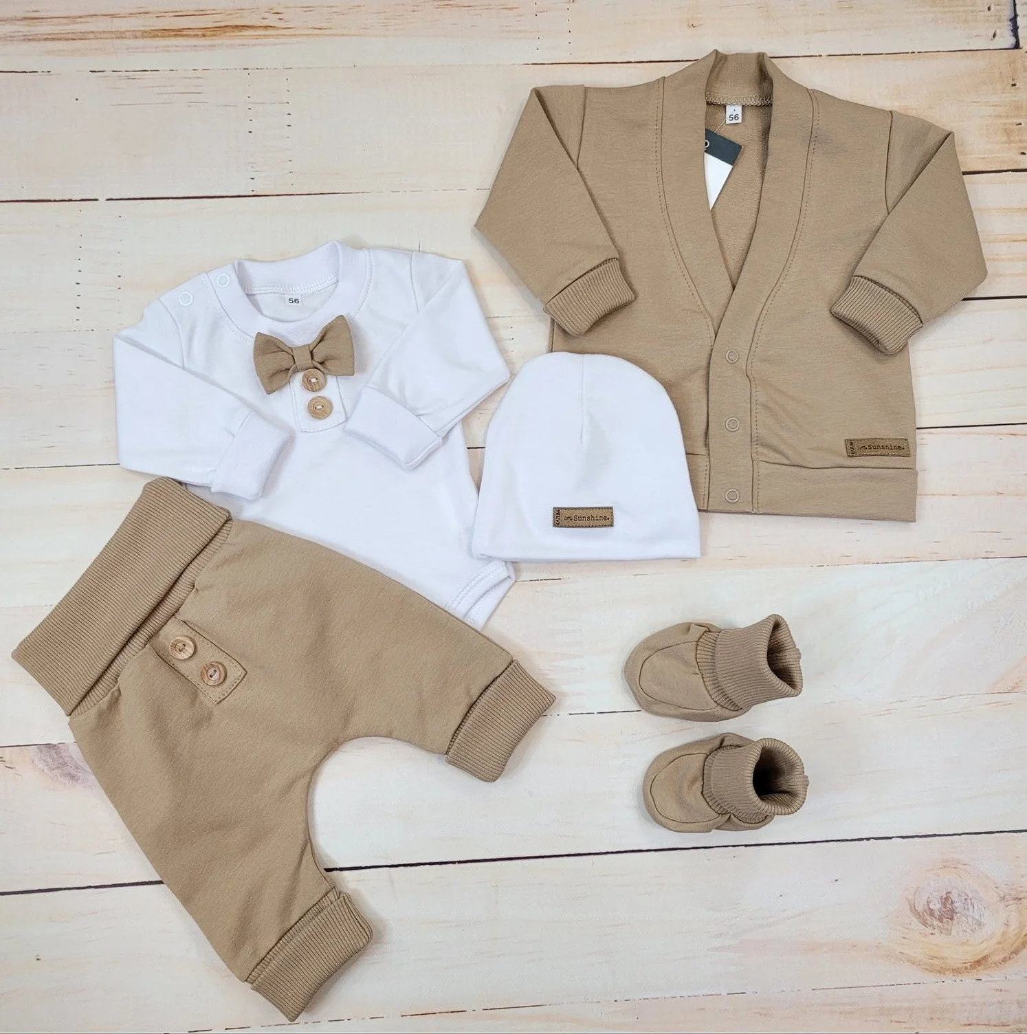 Kazum Bavlněná sada, body, kalhoty, motýlek a čepice Elegant Boy 5D, , mocca/bílá