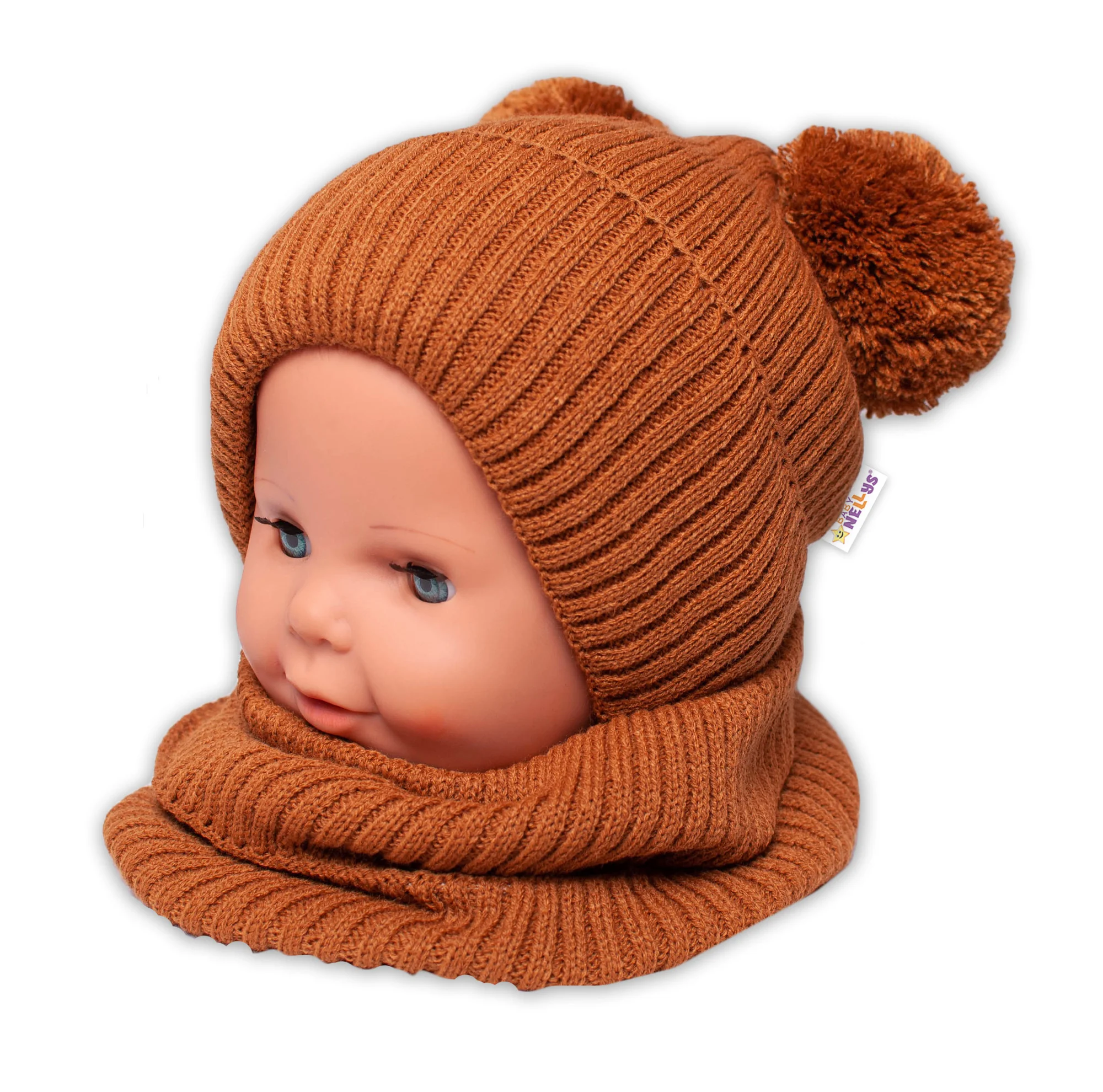 Baby Nellys Zimní pletená čepice + nákrčník,hnědá s bambulkami