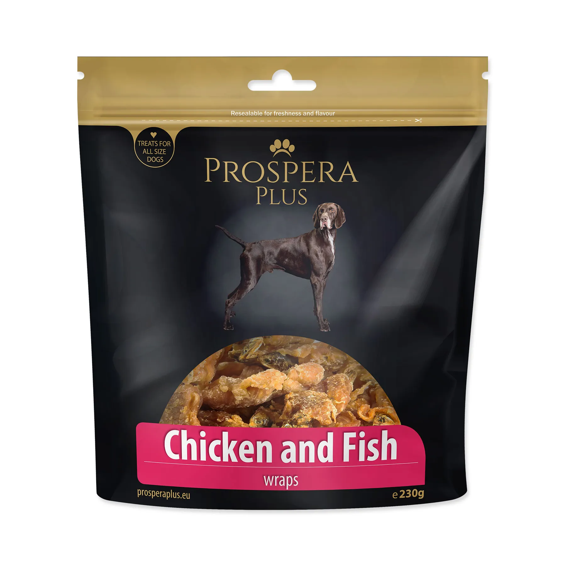 PROSPERA Plus Pochoutka kuřetem obalené rybičky 230 g