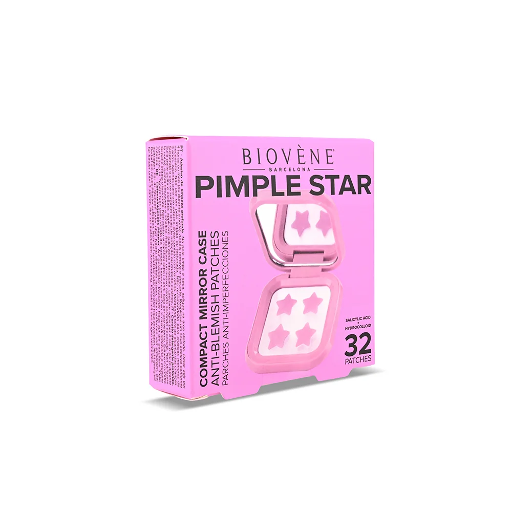 BIOVÉNE Pimple Patches hvězdičkové náplasti v pouzdře se zrcátkem 32 ks růžové