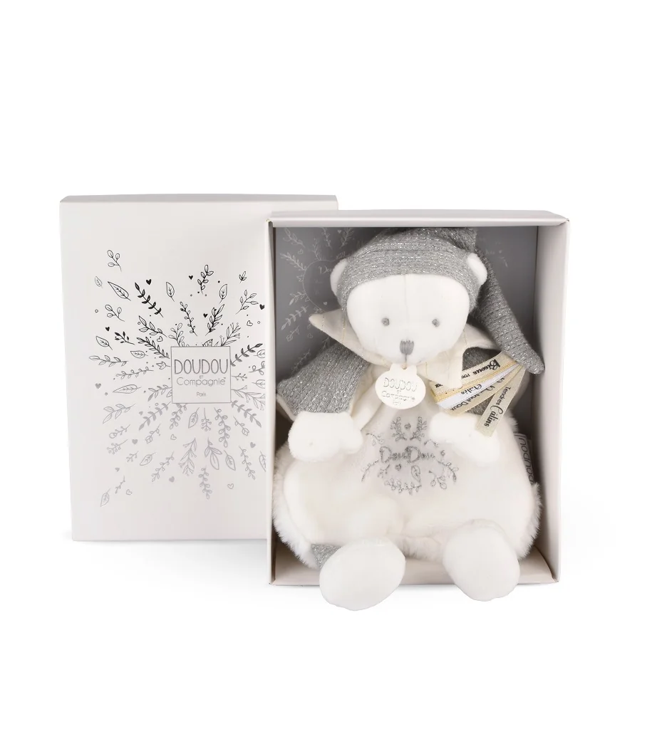 Doudou et Compagnie Paris Dárková sada Plyšový muchláček medvídek s čepičkou šedý 25 cm