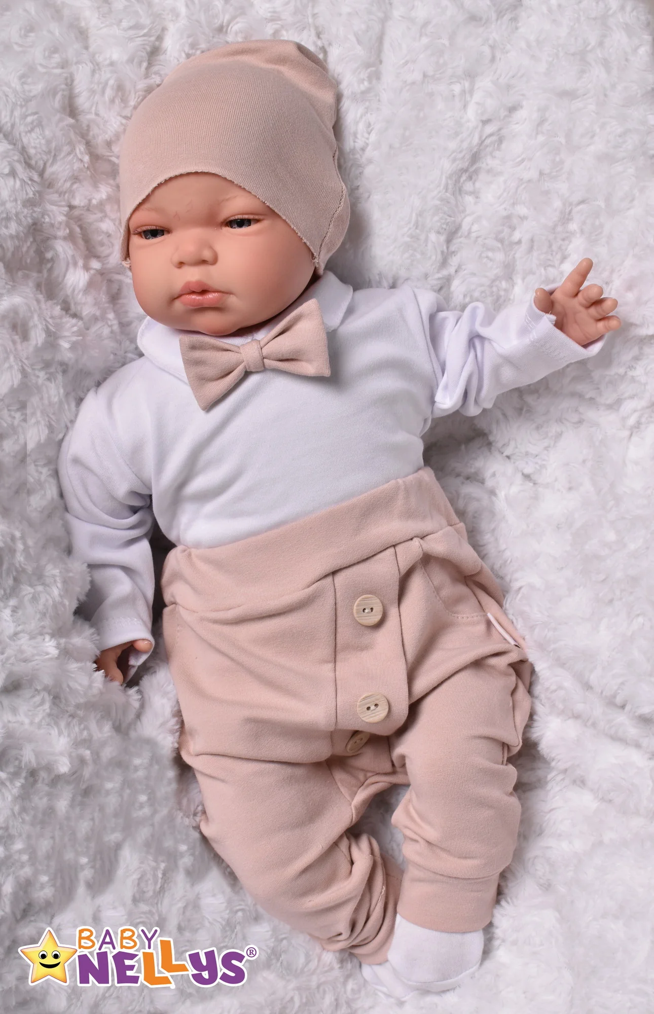 Baby Nellys 3-dílná sada Hubert, body s motýlkem, tepláčky a čepička - béžový, vel. 92 vel. 92