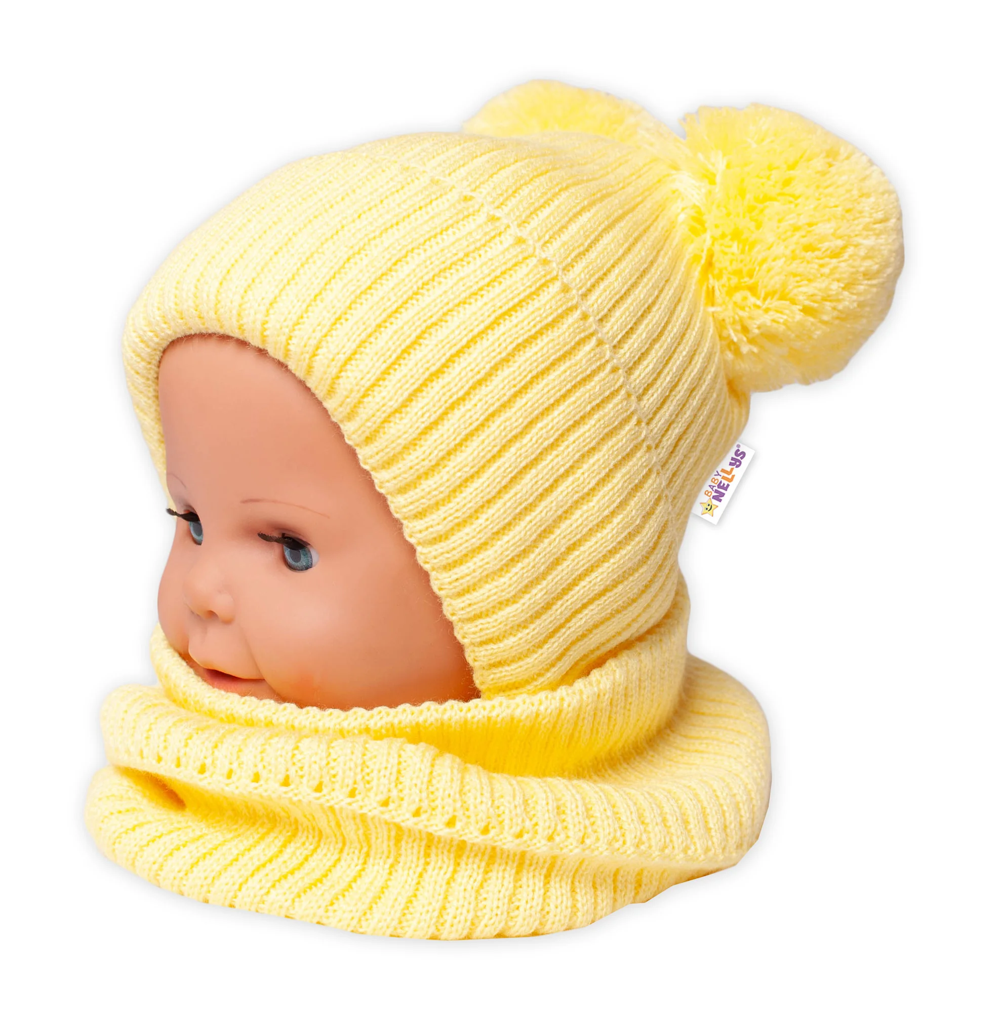 Baby Nellys Zimní pletená čepice + nákrčník, žlutá s bambulkami