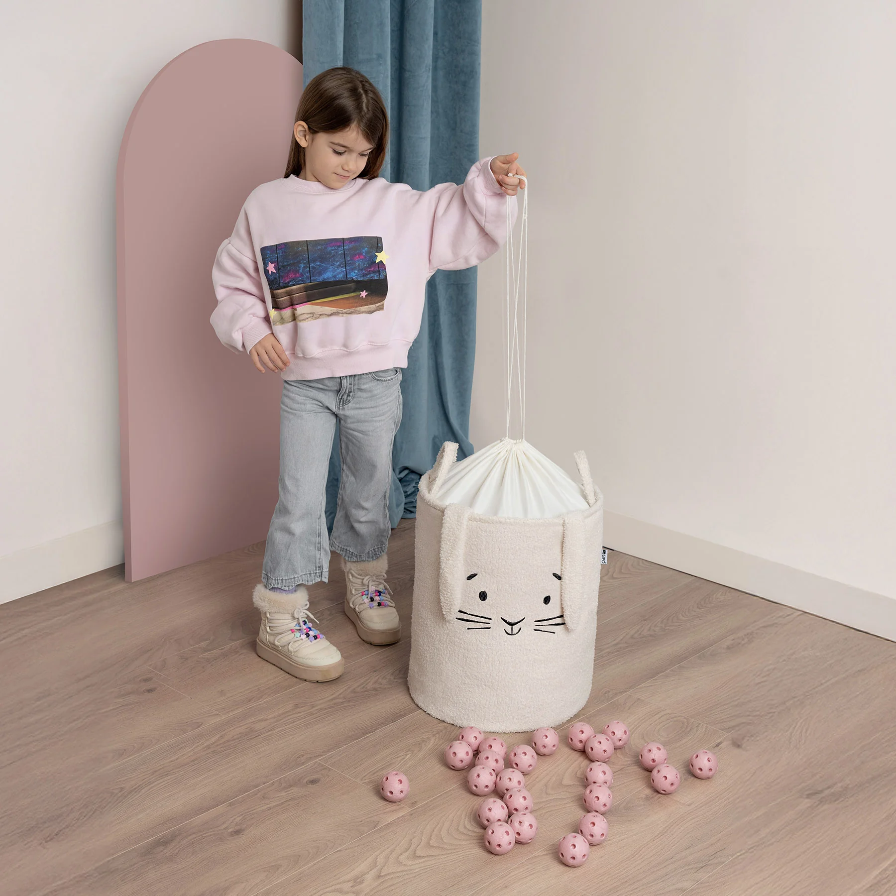 SIPO Koš na hračky Premium Bouclé se šňůrkou / 43 l, Rabbit (Cream)