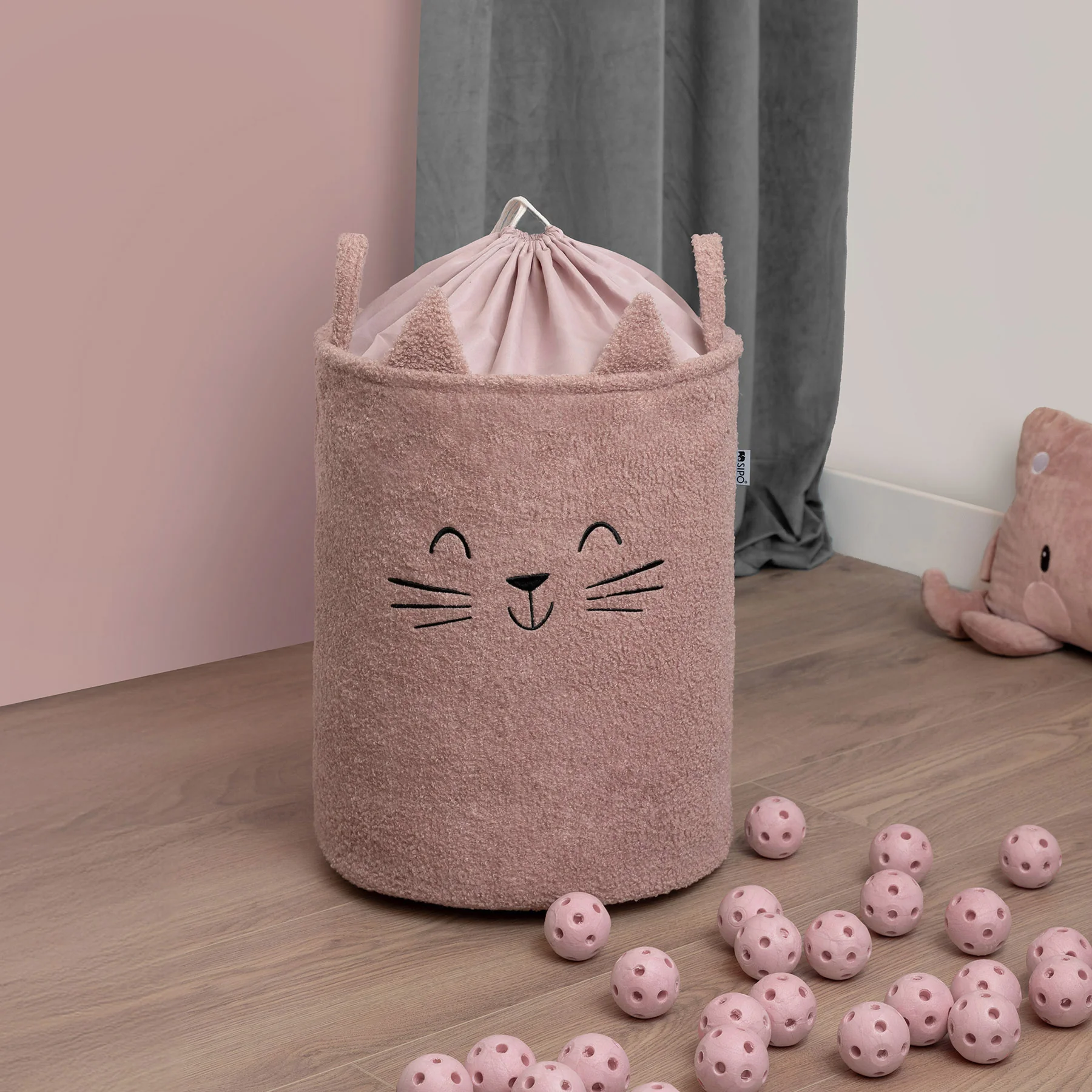 SIPO Koš na hračky Premium Bouclé se šňůrkou / 43 l, Cat (Pink)