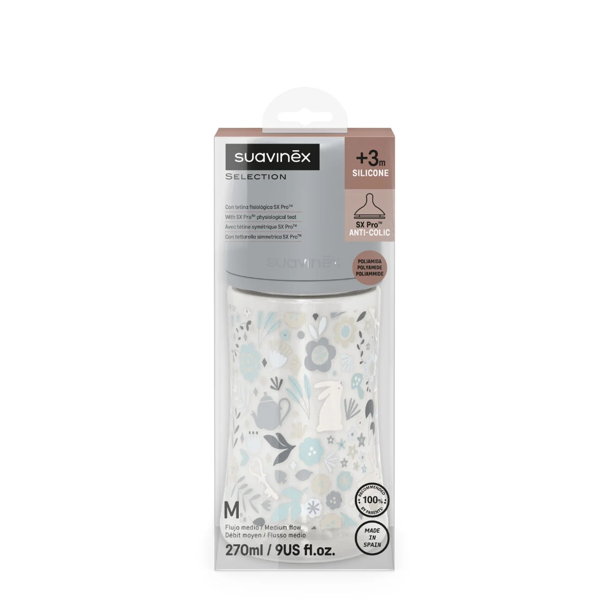 Suavinex Wonderland Kojenecká láhev průtok M 3m+ 270 ml 1 ks liberty modrá