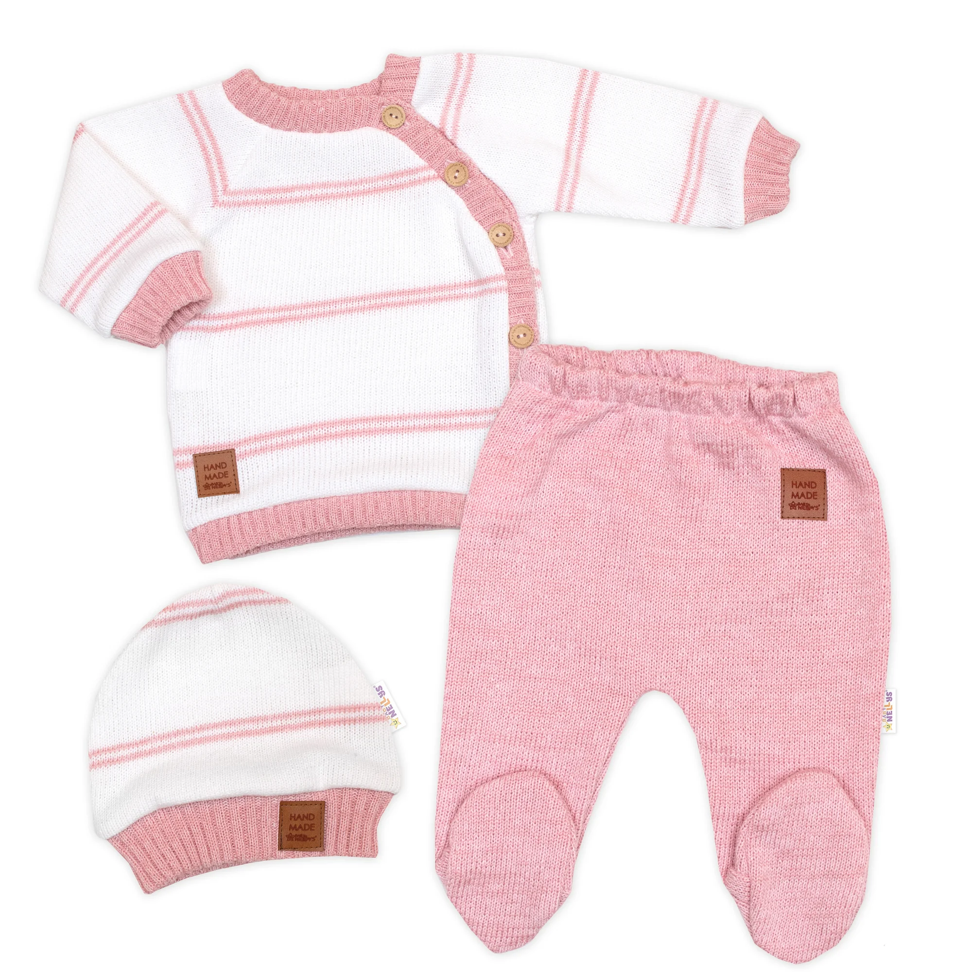 Baby Nellys Pletená sada pro miminko s jemným proužkem 3D, lux - růžová, bílá vel.  68