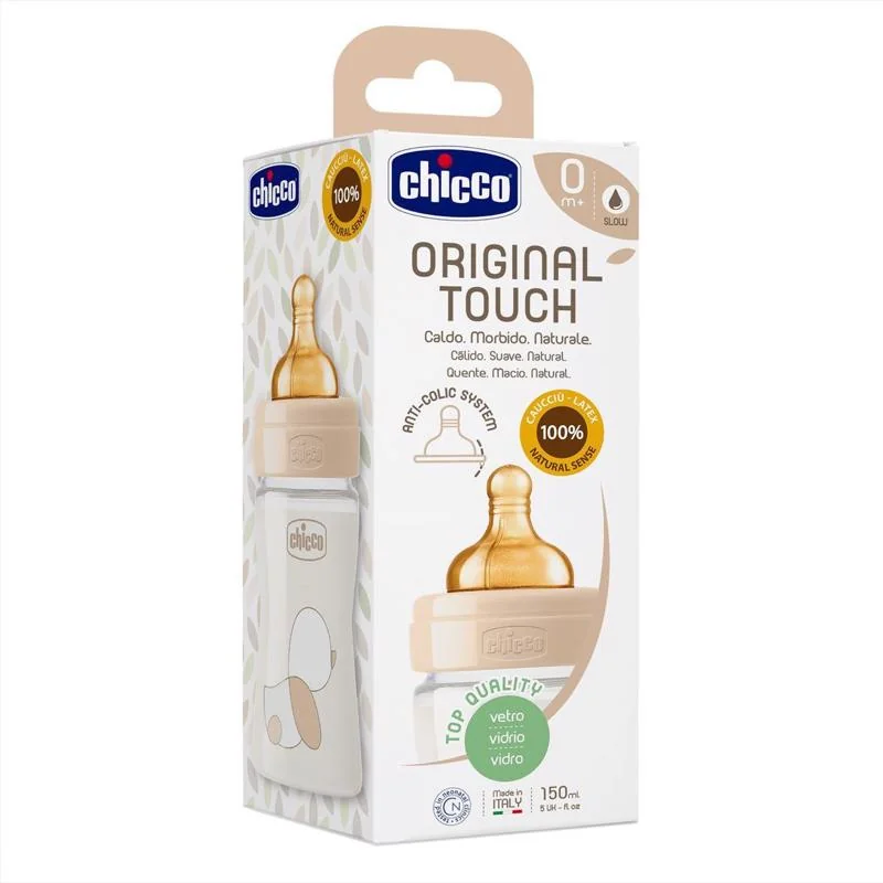 Chicco Original Touch Kojenecká láhev s latexovým dudlíkem skleněná 150 ml neutral