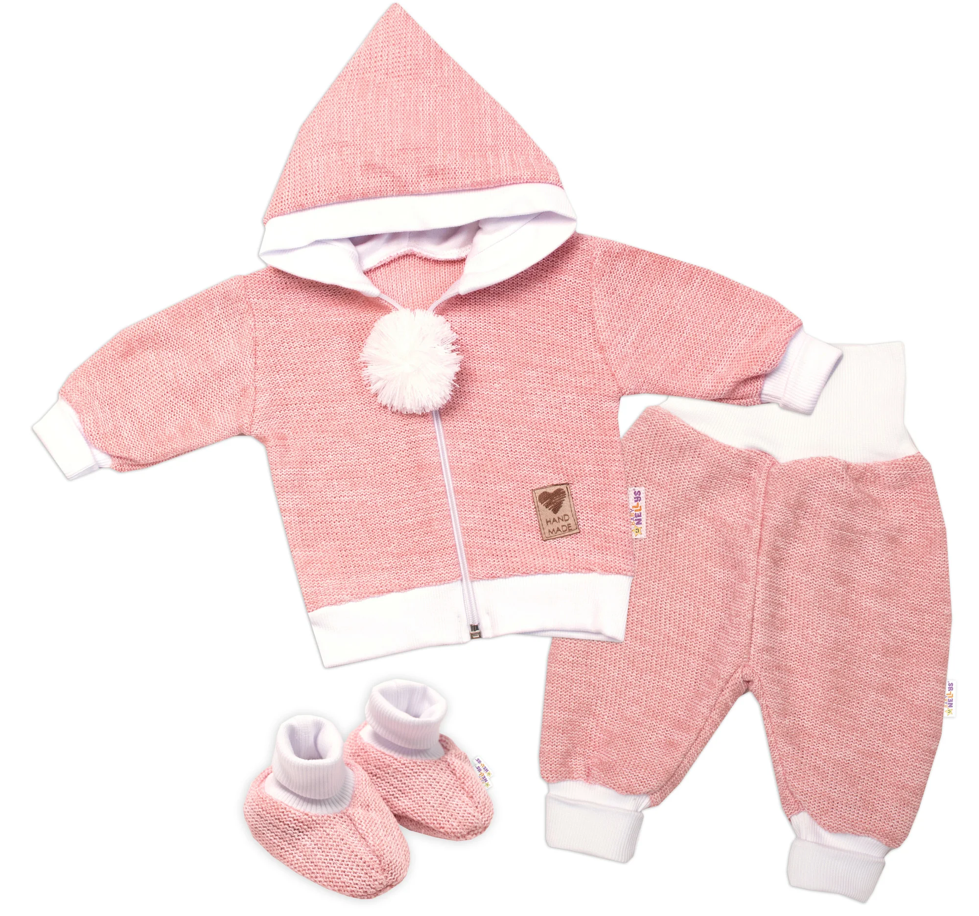 Baby Nellys 3D sada Hand made, kabátek, kalhoty, botičky, růžová,68