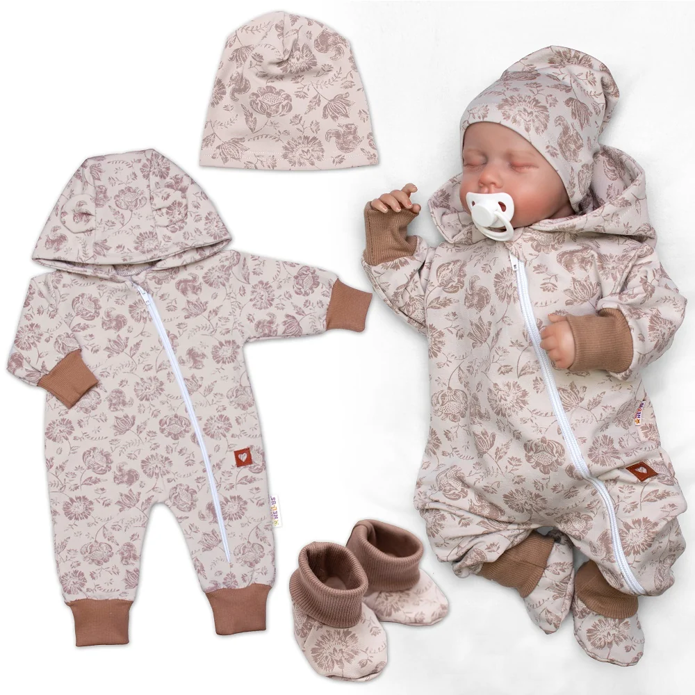 Baby Nellys Rostoucí overálek, čepička a botičky, 3D, bavlna, Garden, vel. 62/68