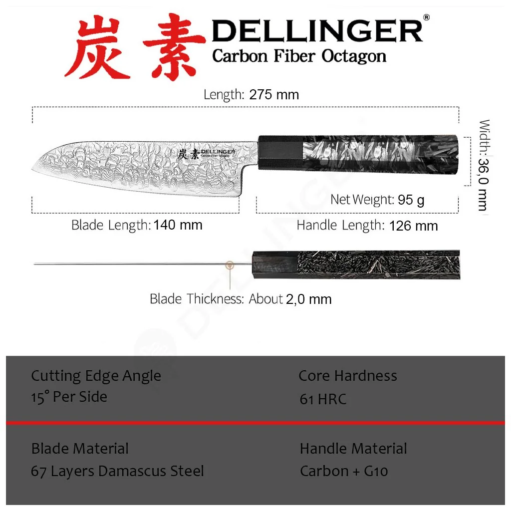 Dellinger Nůž KO-Santoku 140 mm Carbon Fiber Octagon®