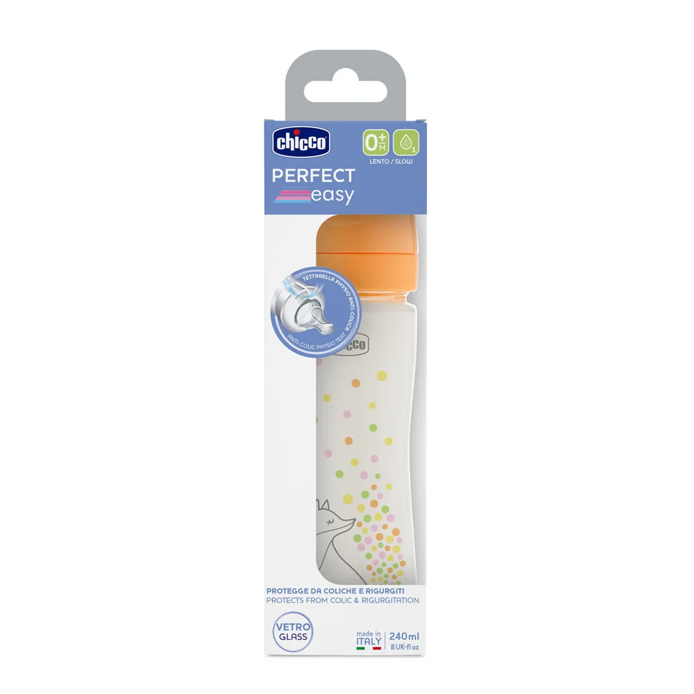 Chicco Kojenecká skleněná láhev Perfect Easy pomalý silikonový průtok 0m+ 240 ml pro dívky