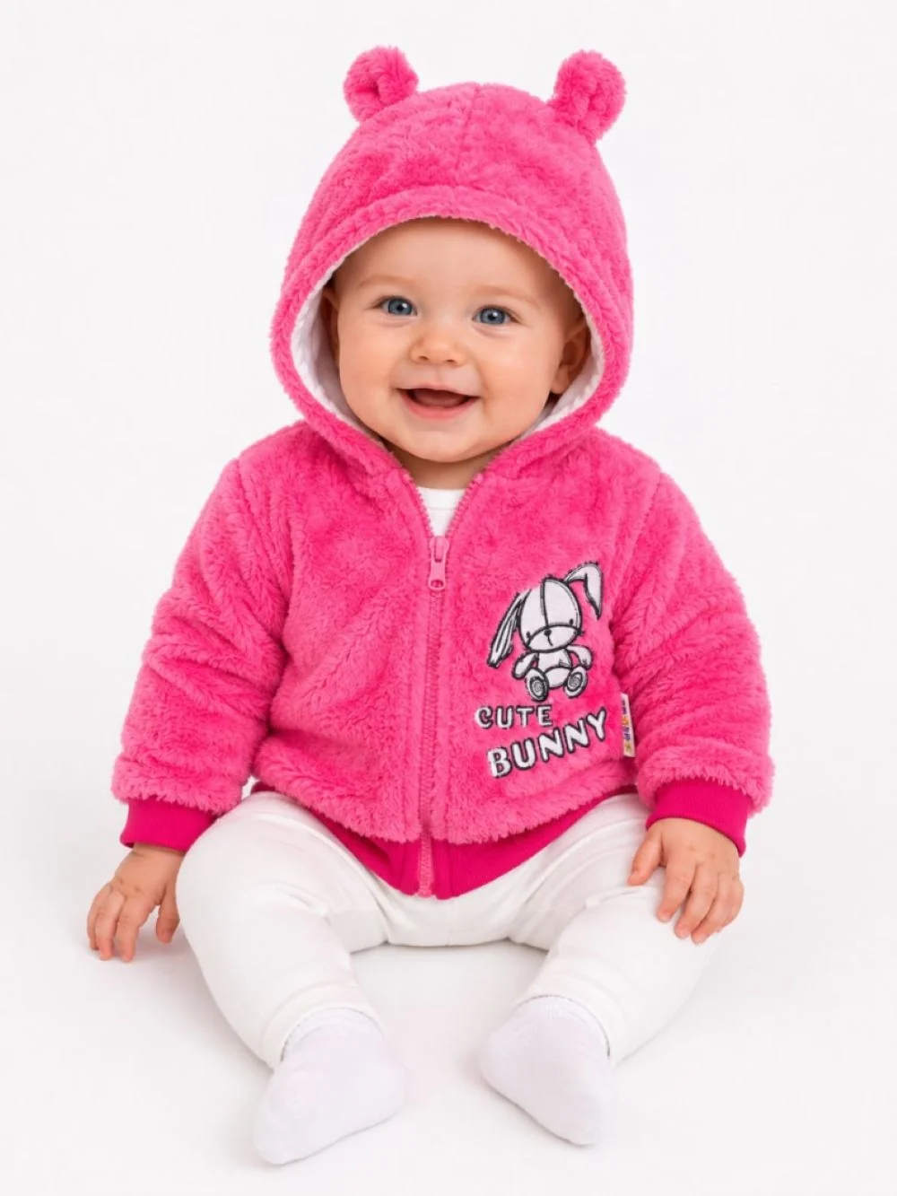 Baby Nellys Zimní kabátek chlupáčková bundička s kapucí Cute Bunny - malinová, vel. 62