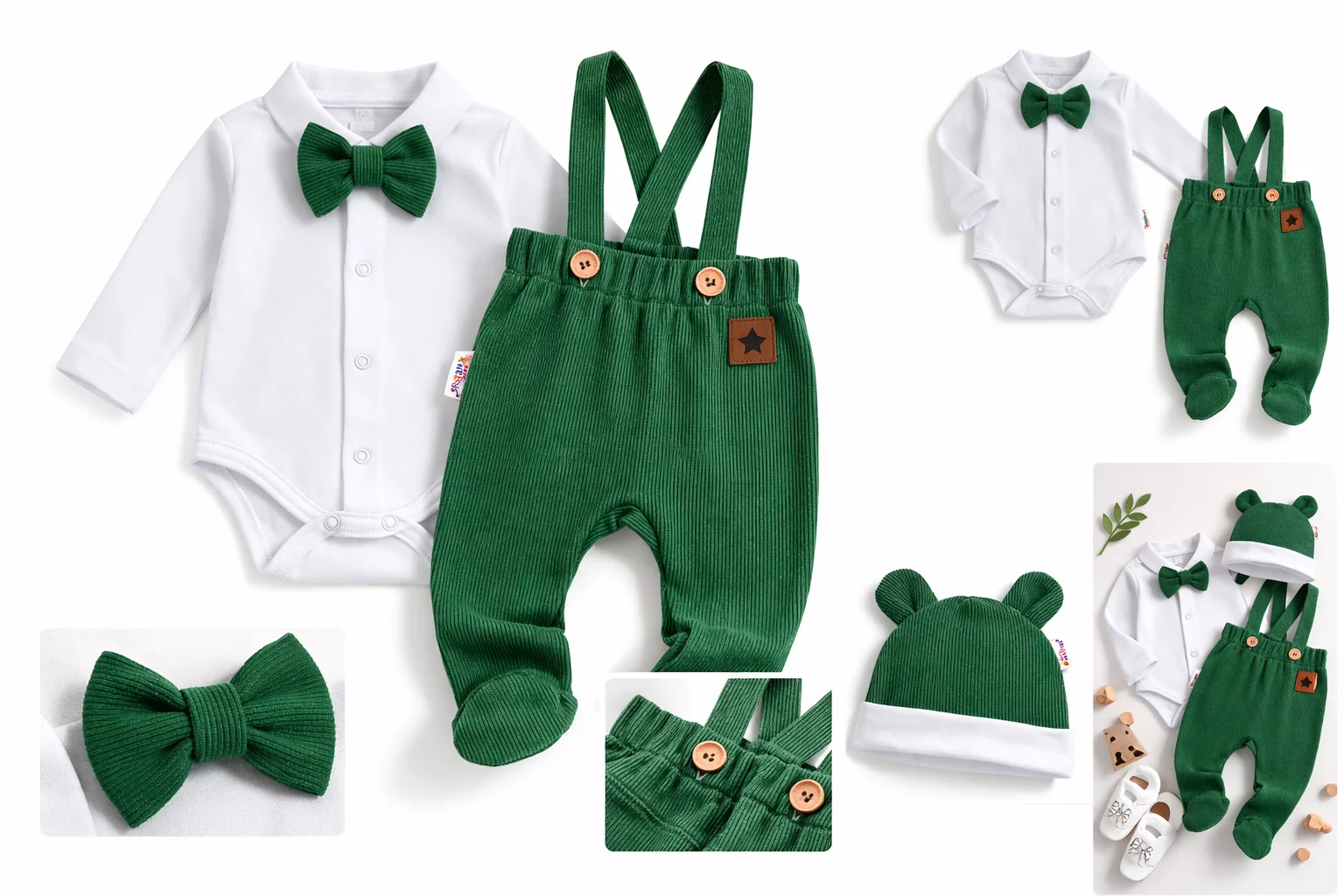 Baby Nellys Bavlněná souprava Gentleman 3D, body, polodupačky, čepička, tm. zelená, vel. 68