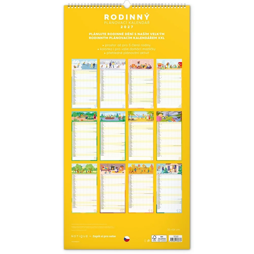 NOTIQUE Rodinný plánovací nástěnný kalendář XXL 2027 33 × 64 cm