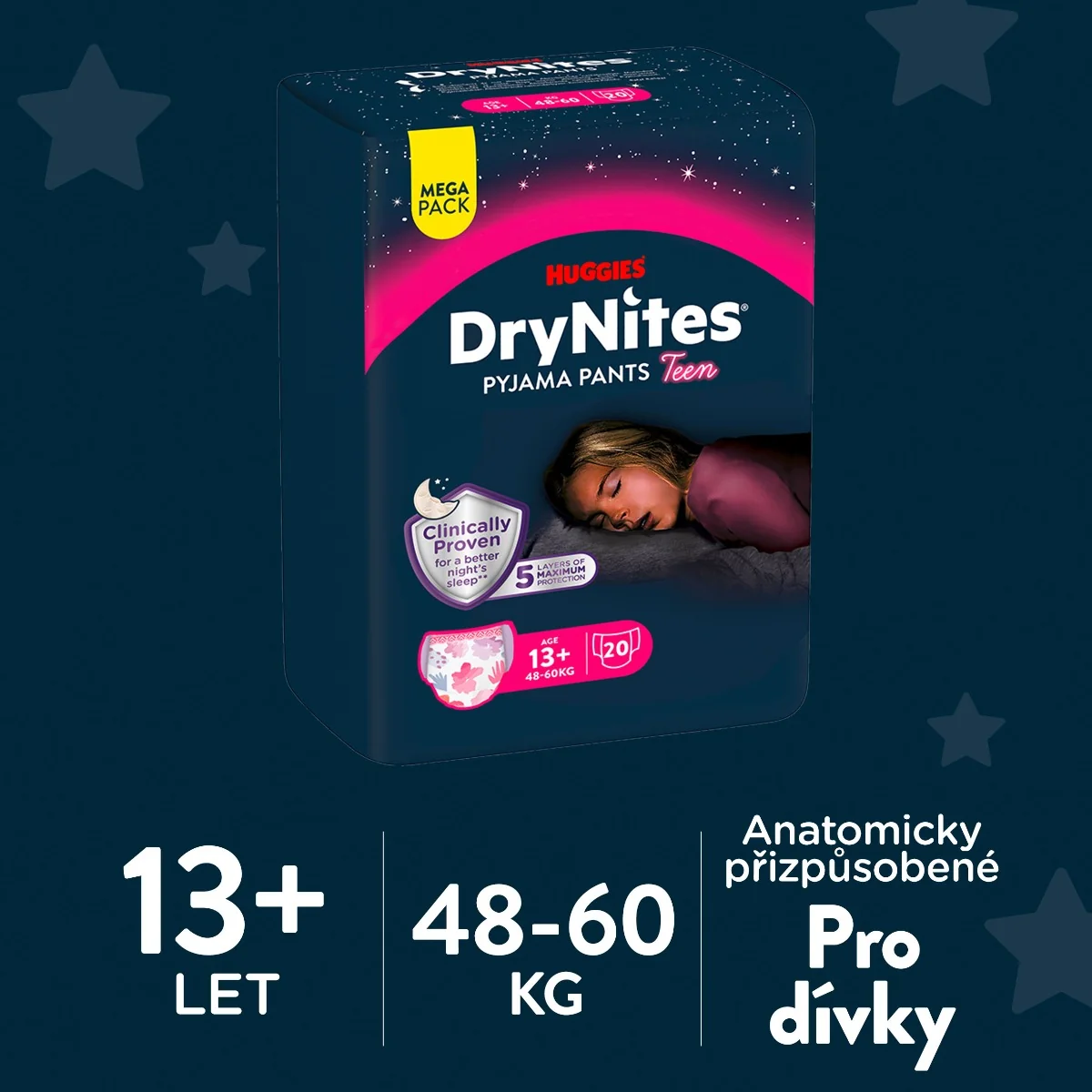 Huggies DryNites Natahovací kalhotky pro dívky 13+ let 48–60 kg 20 ks