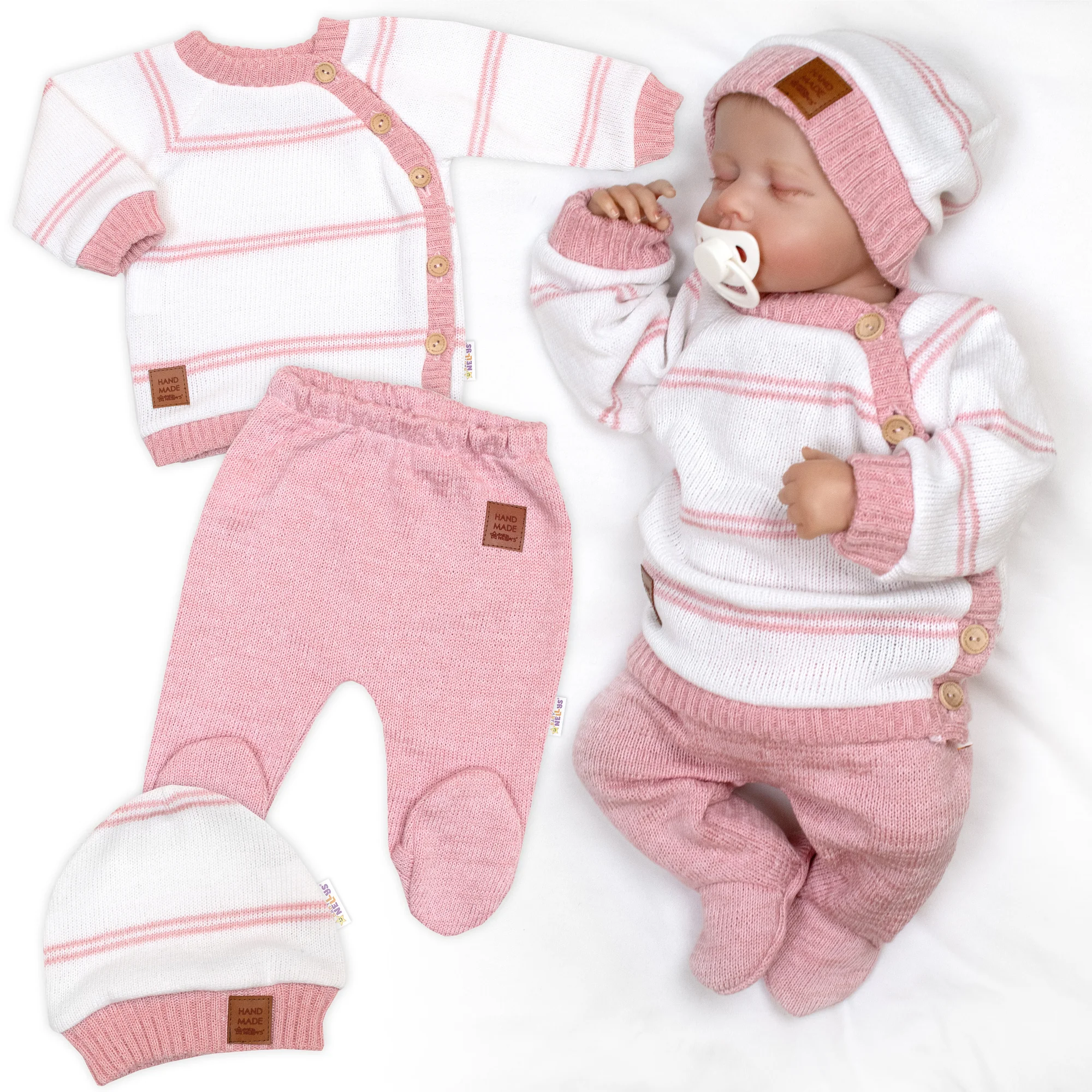 Baby Nellys Pletená sada s jemným proužkem 3D, lux,růžová/bílá