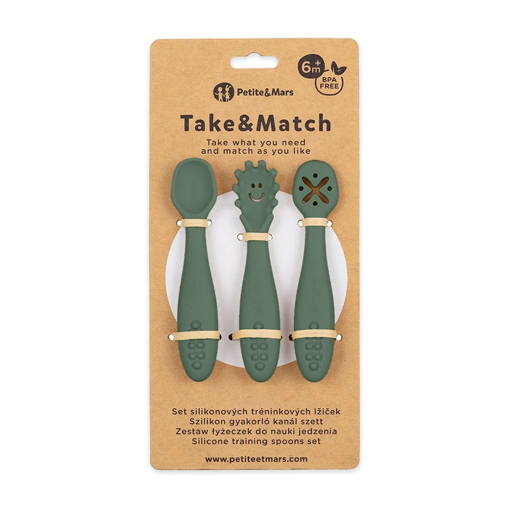 Petite&Mars Set 3 ks silikonových tréninkových lžiček Take&Match Misty Green 6m+