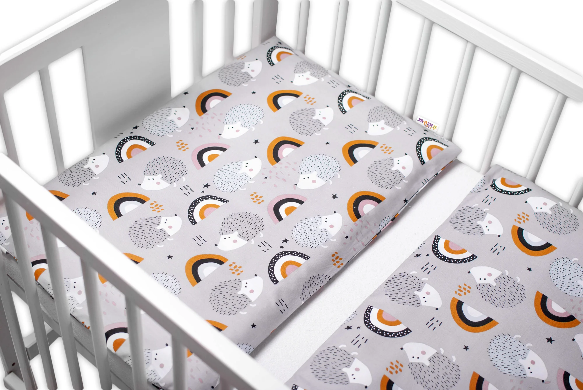 Baby Nellys 3-dílná sada Mantinel s povlečením - Ježek a duha, šedé, 135x100 cm