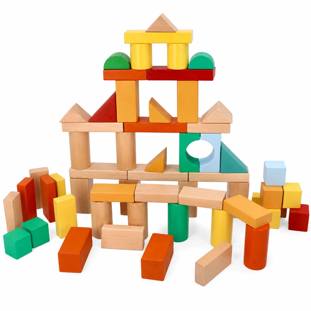 Adam Toys Dřevěné stavební kostky v kyblíku s vkládačkou, 100 ks