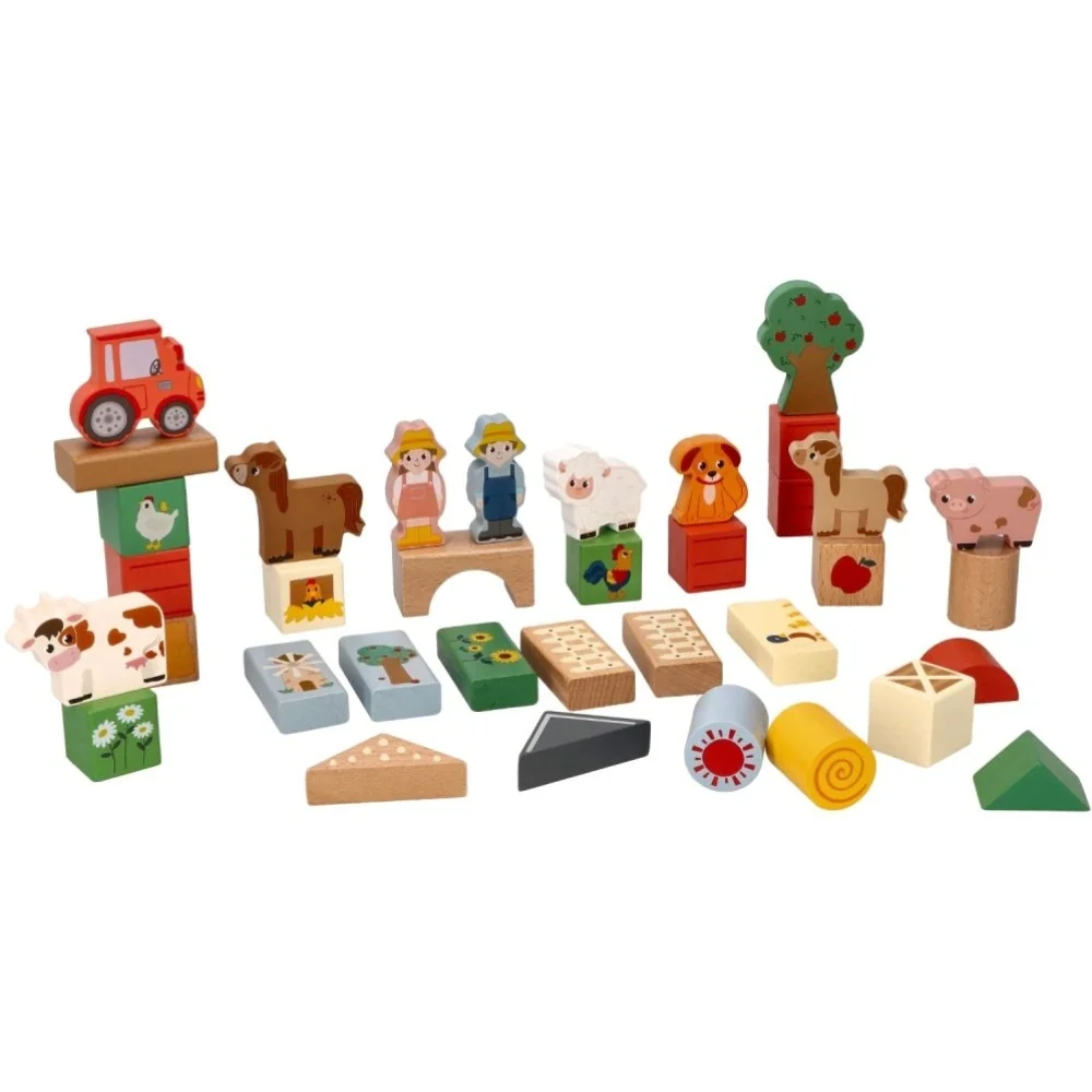 Adam Toys Dřevěné kostky v kbelíku, 36 ks, Dobrodružství na farmě