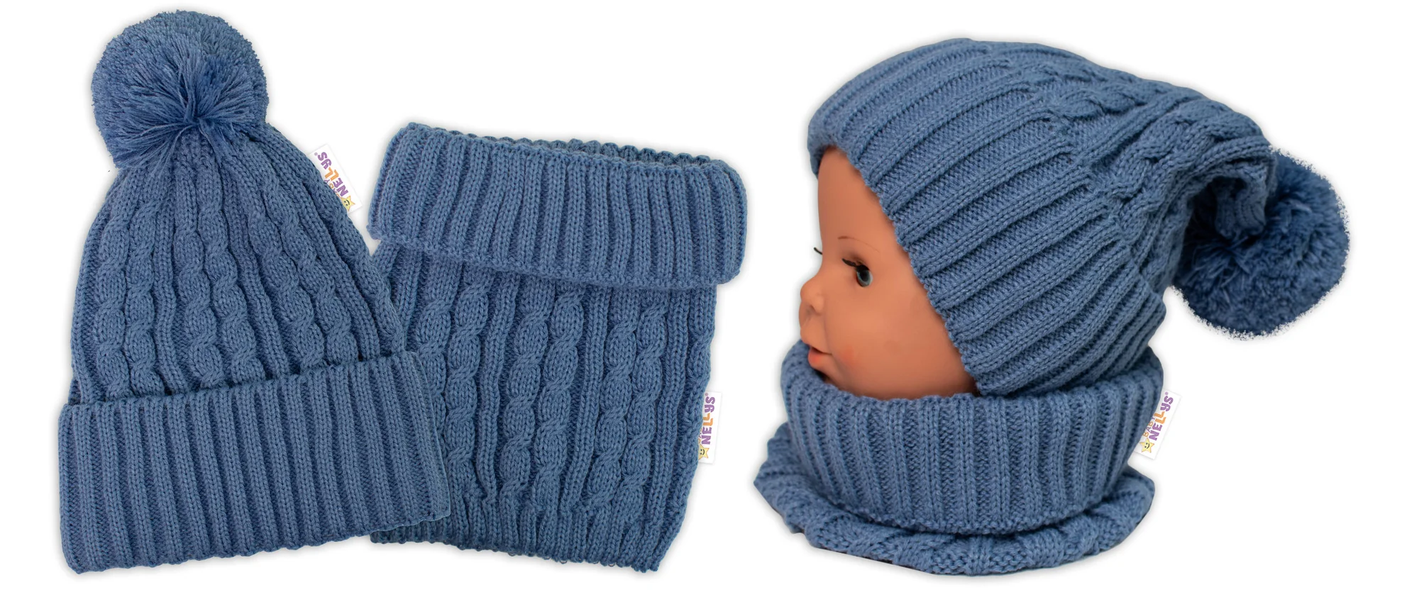 Baby Nellys 2D sada - Zimní čepice s bambulí, komín - jeans, vel. 48-52cm