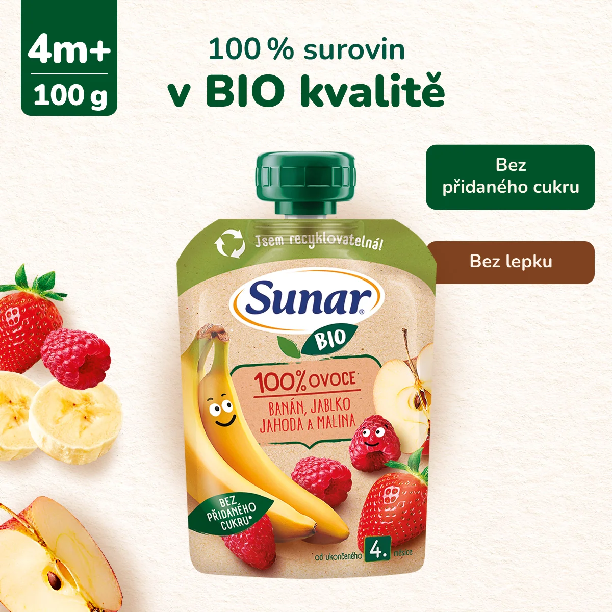 Sunar BIO Banán, jablko, jahoda, malina 4m+ kapsička 100 g