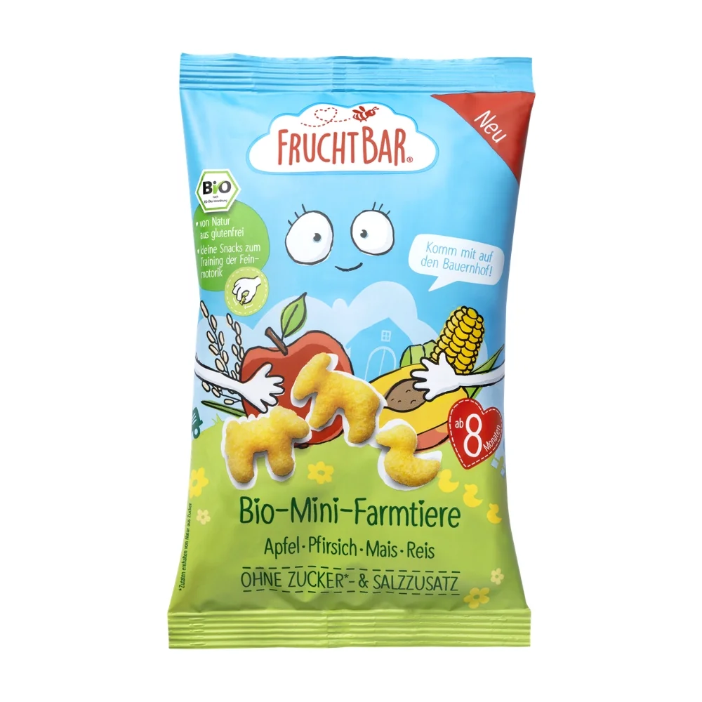 FruchtBar BIO Kukuřičné křupky Farma - broskev a jablka 20 g