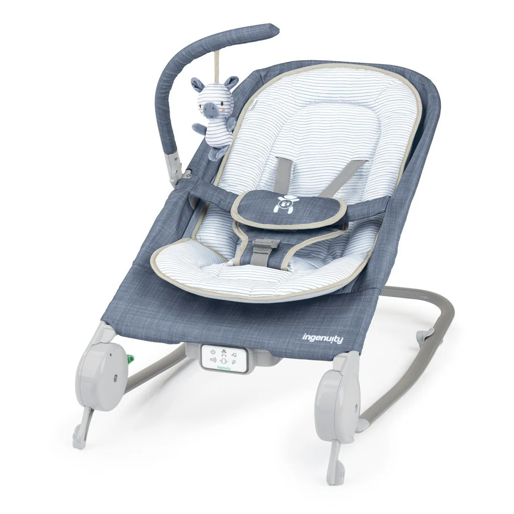 Ingenuity Lehátko masážní vibrující s melodií Happy Belly™ Rock-to-Bounce - Chambray 0m+