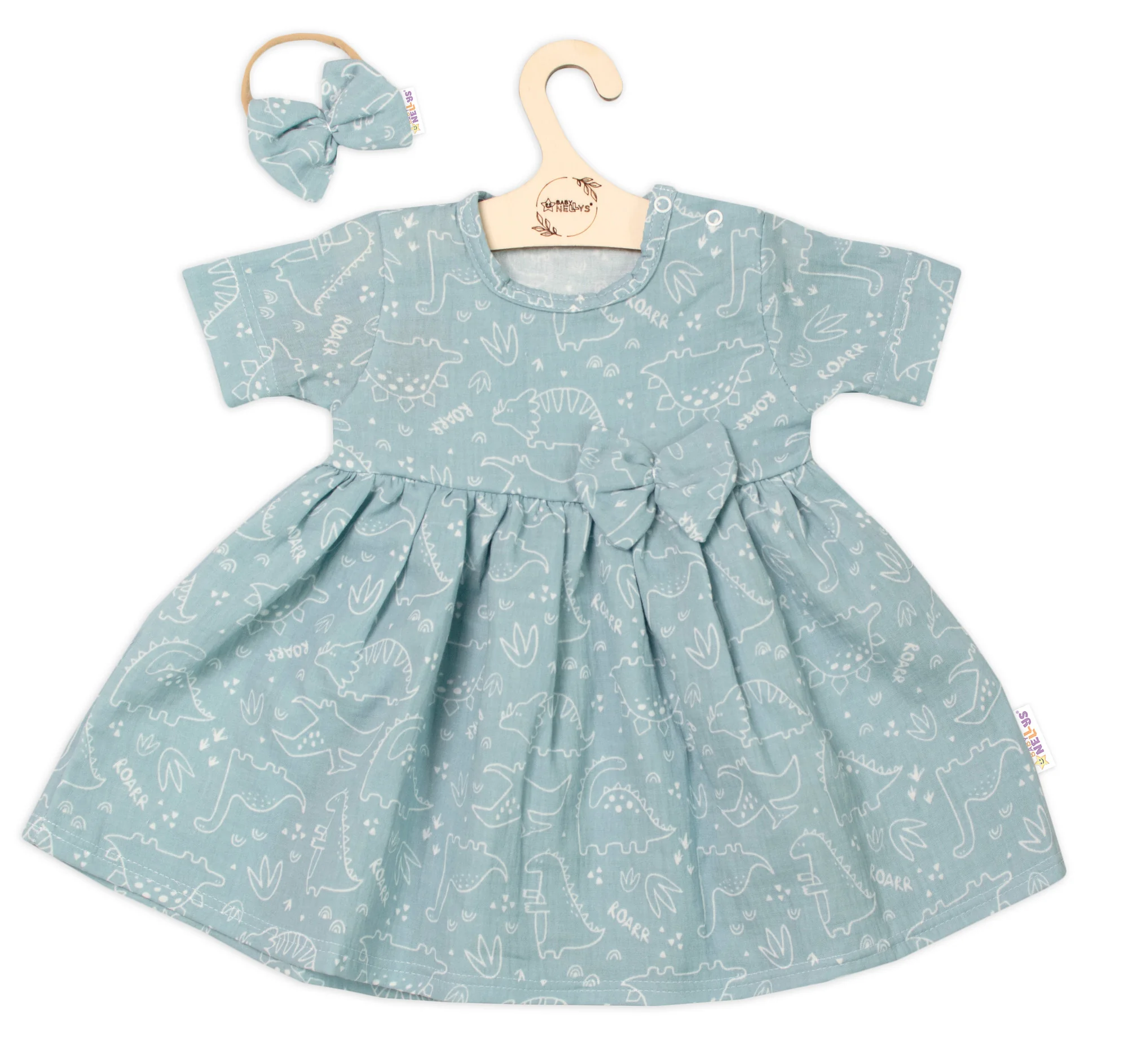 Baby Nellys Mušelínové šatičky + čelenka 2-dílná sada Dino, mátové vel. 86