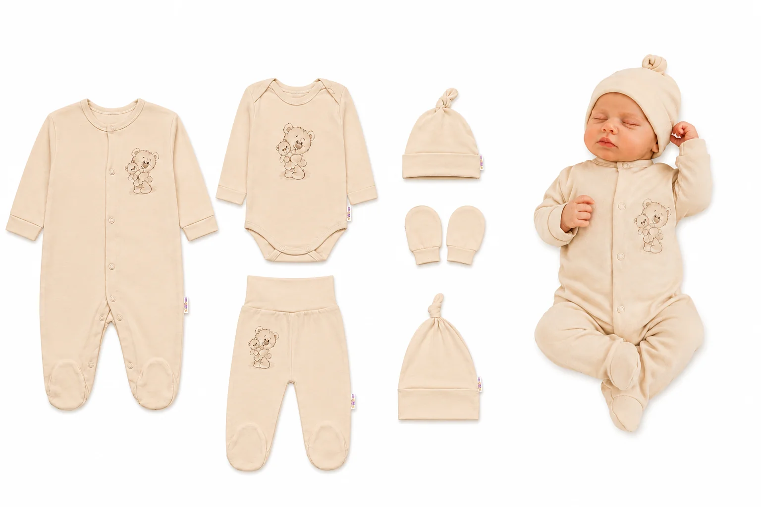 Baby Nellys Soupravička do porodnice pro miminko, 5D, Little Teddy, béžová, vel. 56